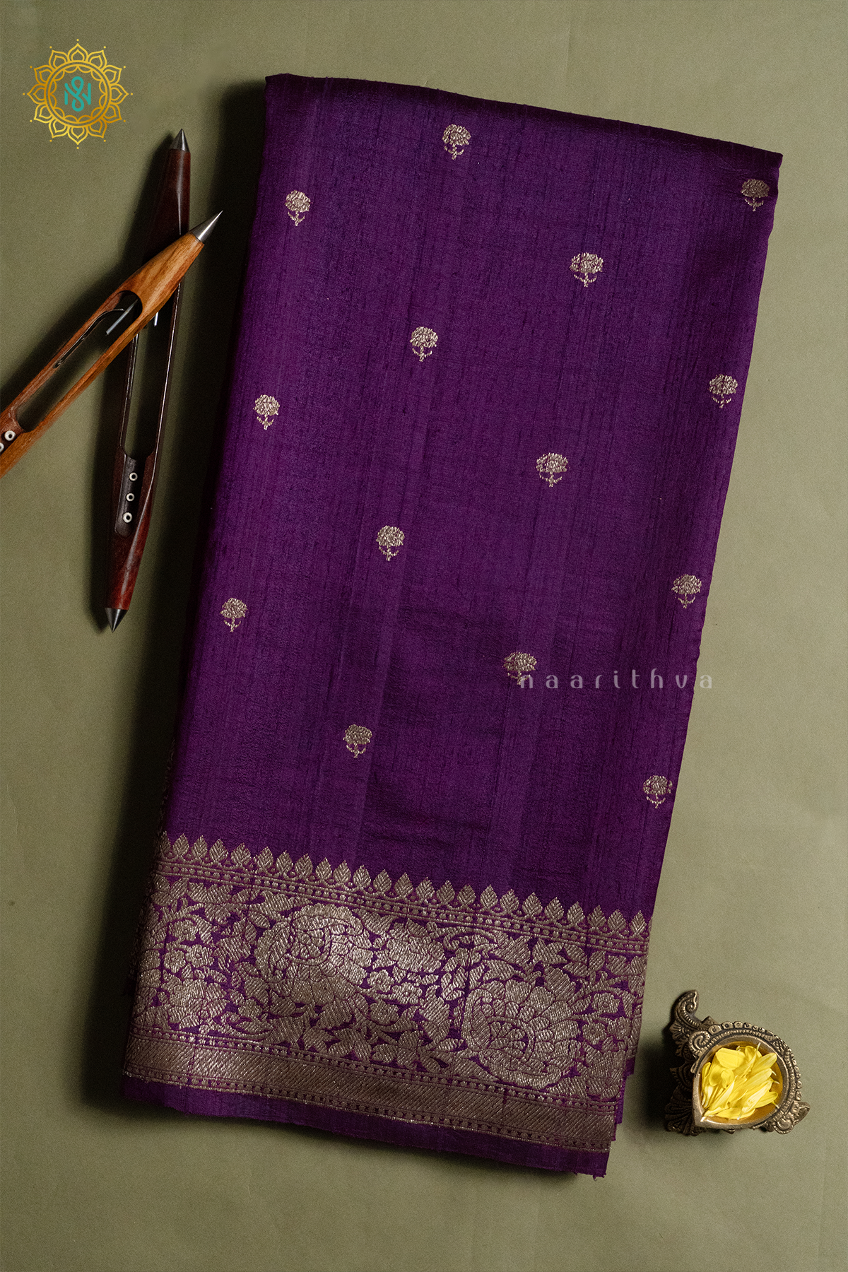 PURPLE WITH CYAN GREEN - PURE BANARASI RAW SILK