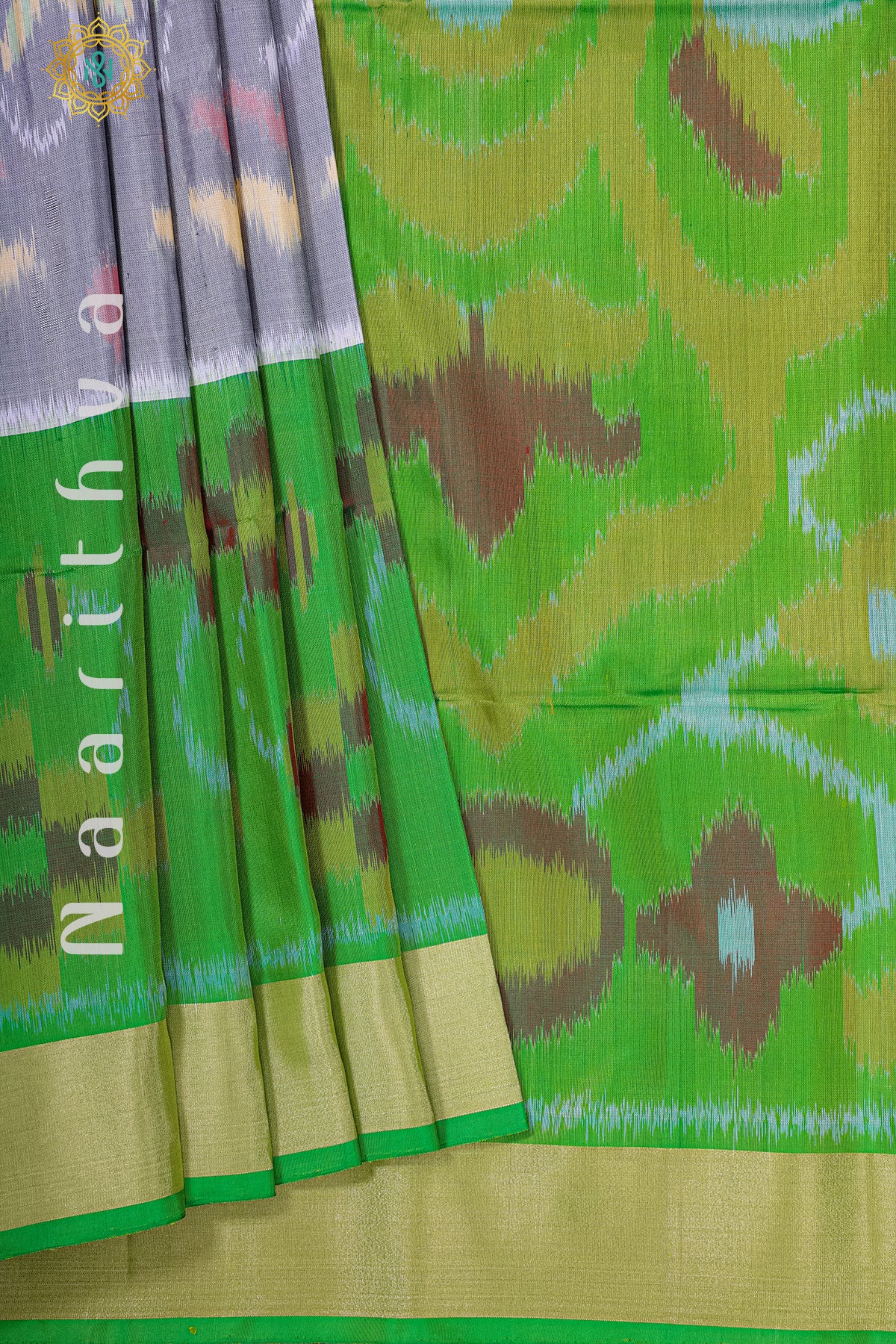 GREY WITH GREEN - PURE IKAT SOFT SILK