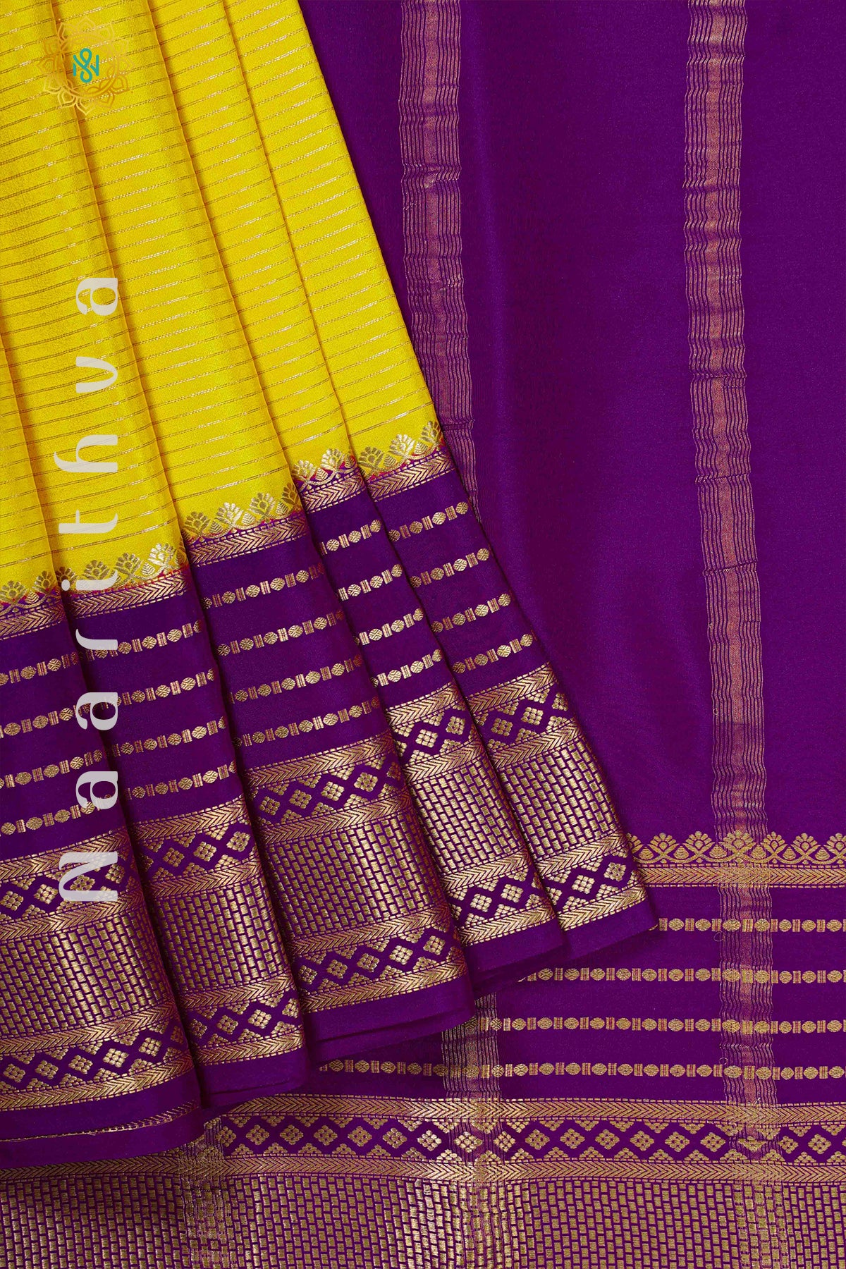 YELLOW WITH PURPLE - PURE MYSORE CREPE SILK