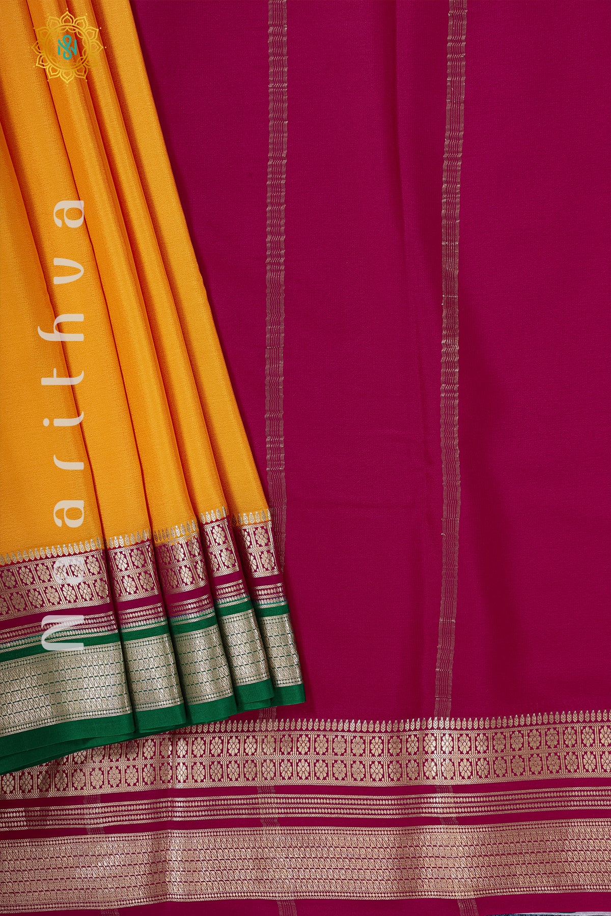 YELLOW WITH PINK & GREEN - MYSORE CREPE SILK