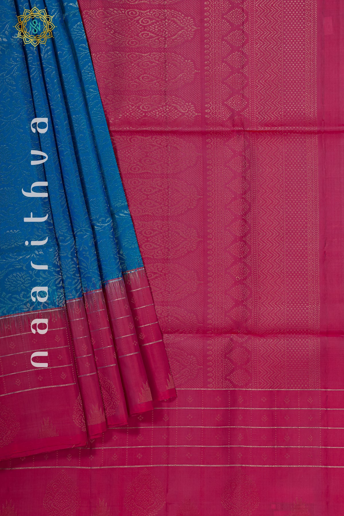 BLUE WITH DUAL SHADE OF PINK - PURE KANJIVARAM SOFT SILK