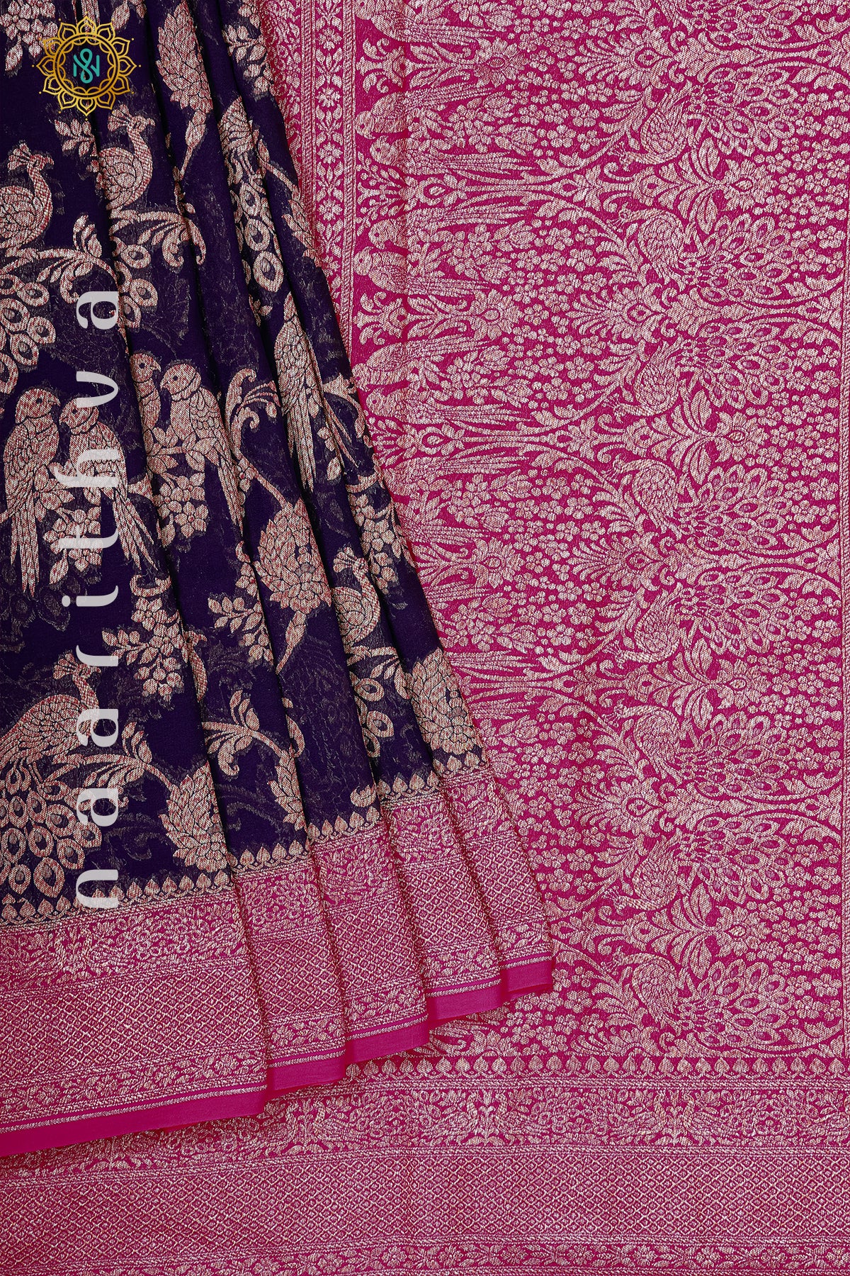 NAVY BLUE WITH PINK - PURE HANDLOOM KHADDI GEORGETTE BANARAS