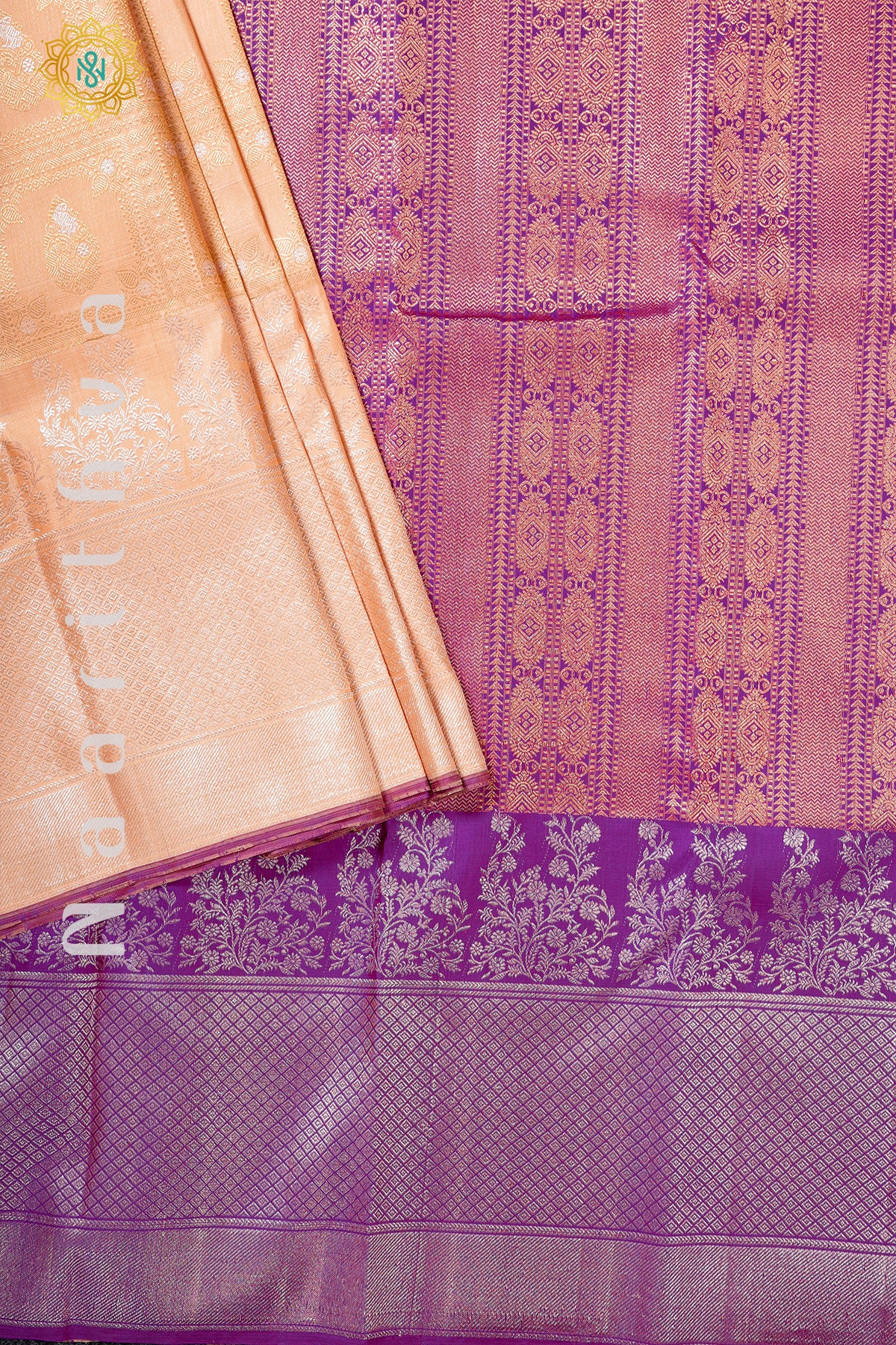 CREAMISH PEACH WITH MAGENTA - PURE KANJIVARAM SILK