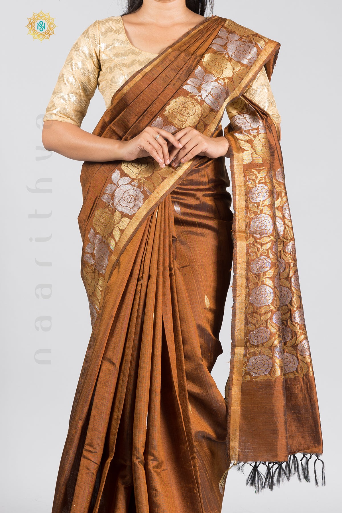 BRONZE - PURE TUSSAR SILK WITH SILVER & GOLD ZARI WOVEN BORDER & PALLU