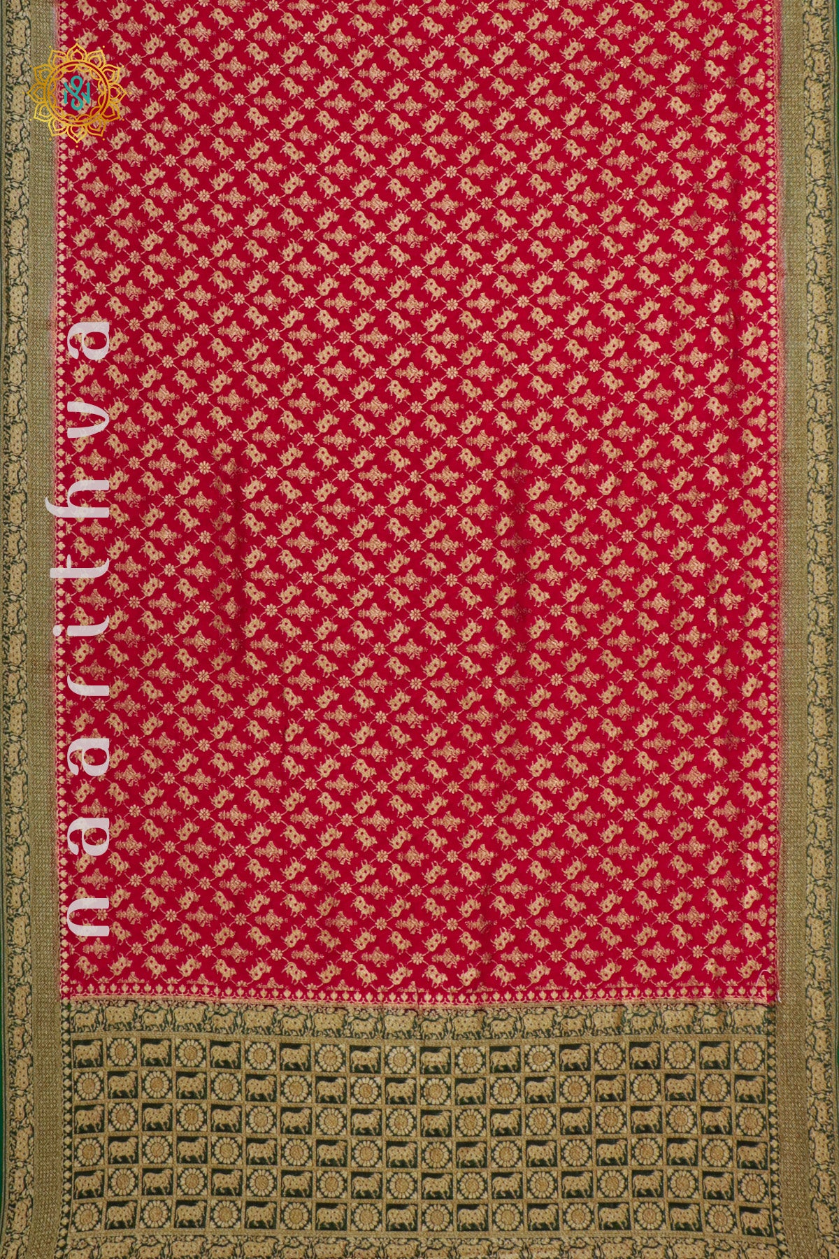 RED WITH GREEN - PURE HANDLOOM KHADDI GEORGETTE BANARAS