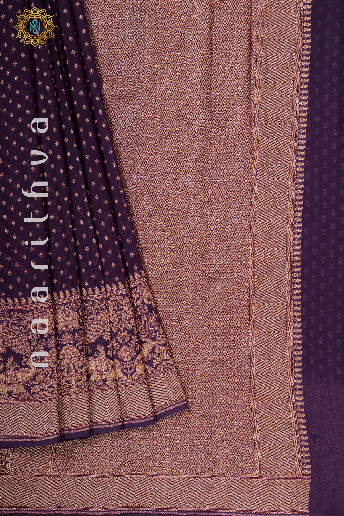 PURPLE WITH CYAN GREEN - PURE HANDLOOM KHADDI GEORGETTE BANARAS