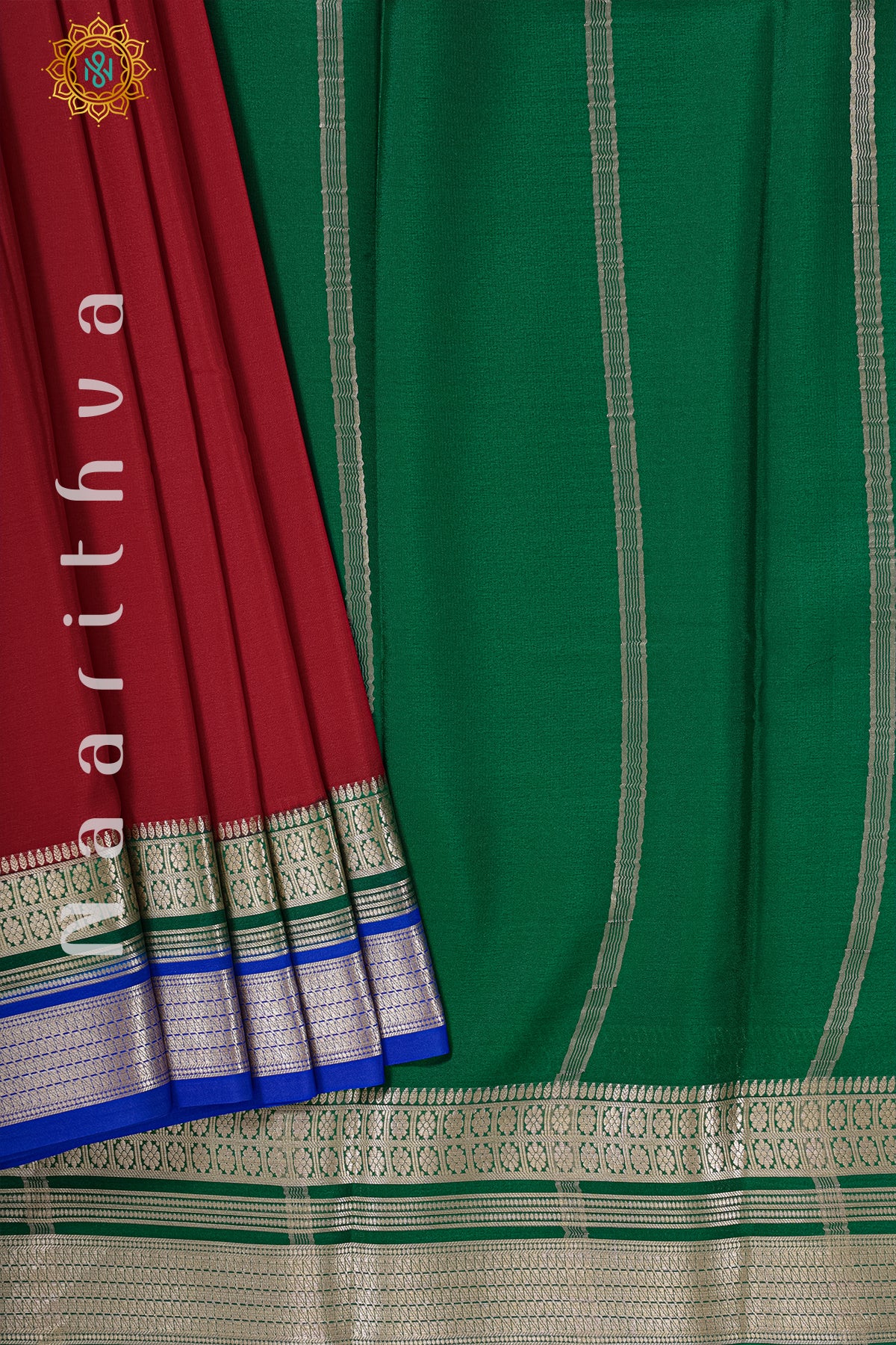 RED WITH GREEN & BLUE - MYSORE CREPE SILK