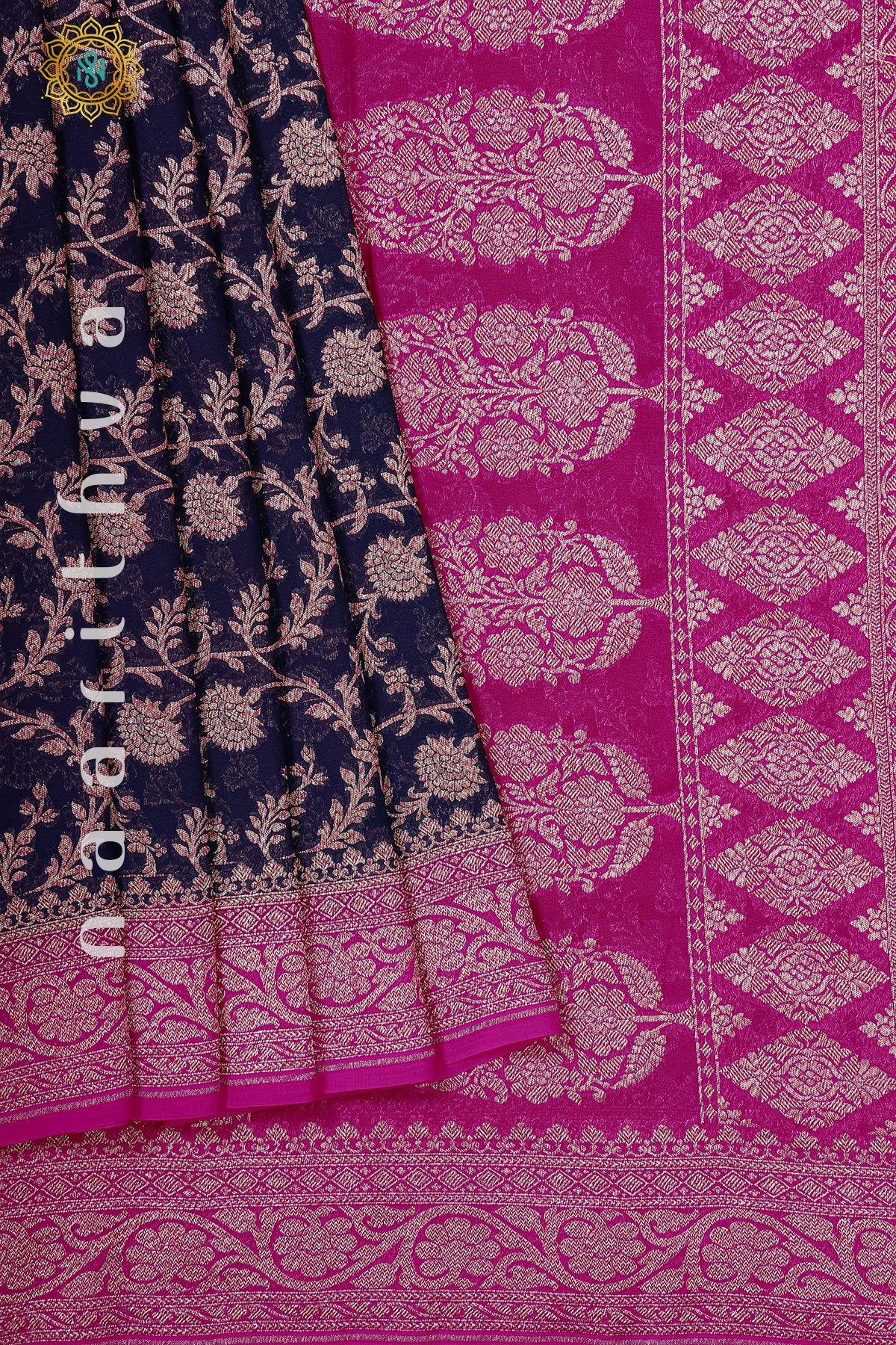 NAVY BLUE WITH PINK - PURE HANDLOOM KHADDI GEORGETTE BANARAS