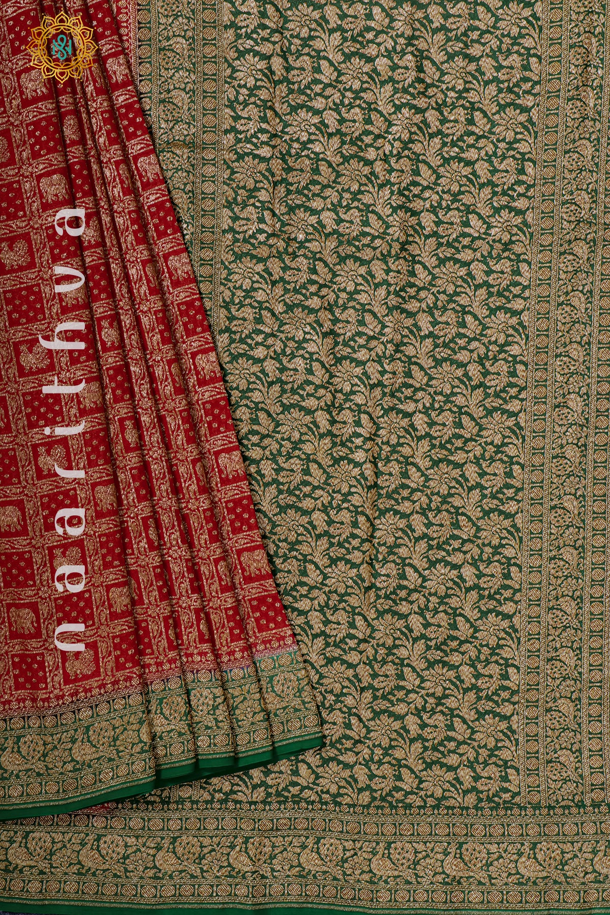 RED WITH GREEN - PURE HANDLOOM KHADDI GEORGETTE BANARAS