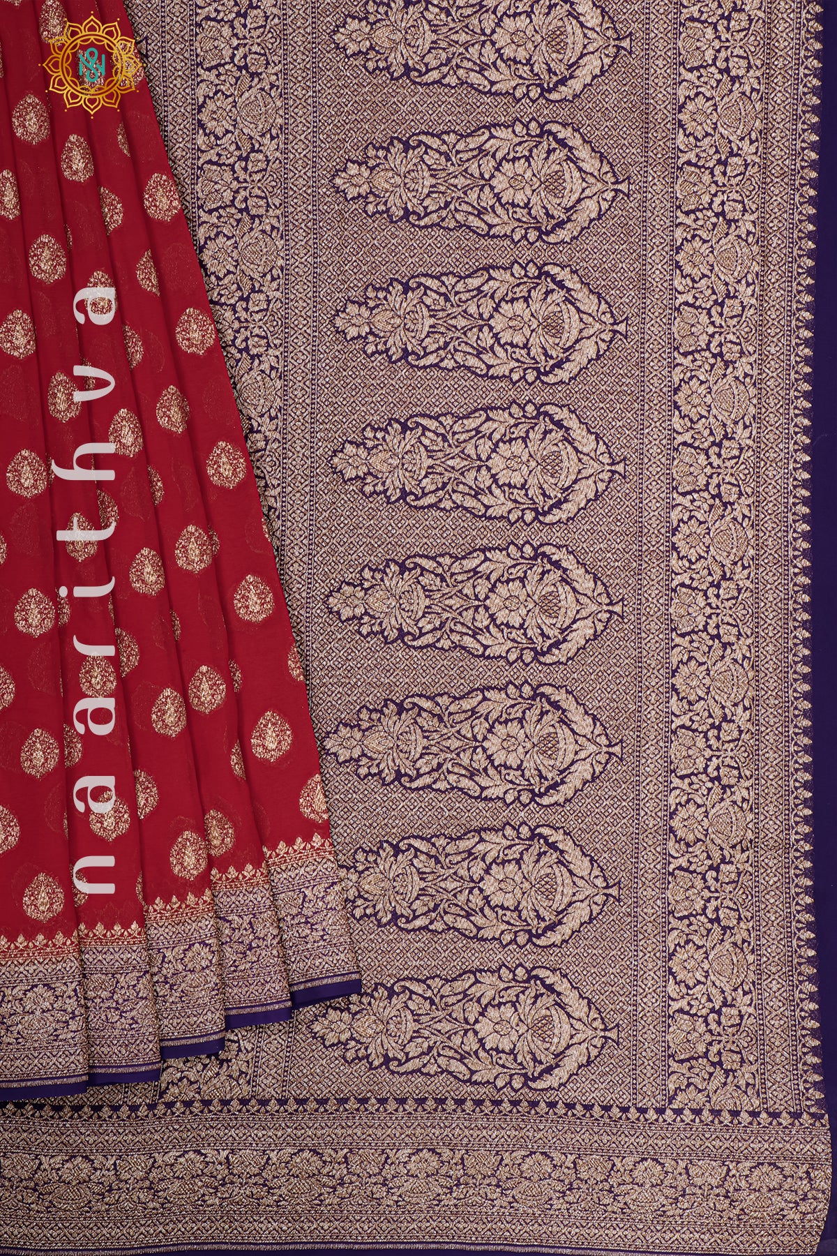 RED WITH BLUE - PURE HANDLOOM KHADDI GEORGETTE BANARAS