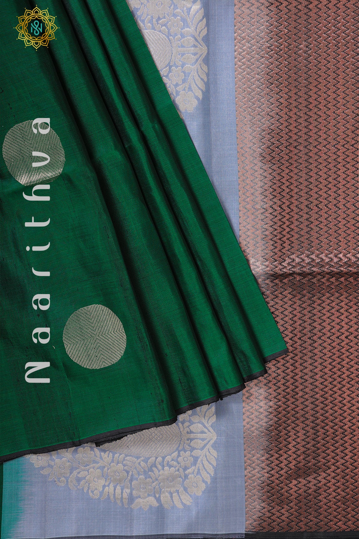 GREEN WITH BLACK & GREY - PURE KANJIVARAM SOFT SILK