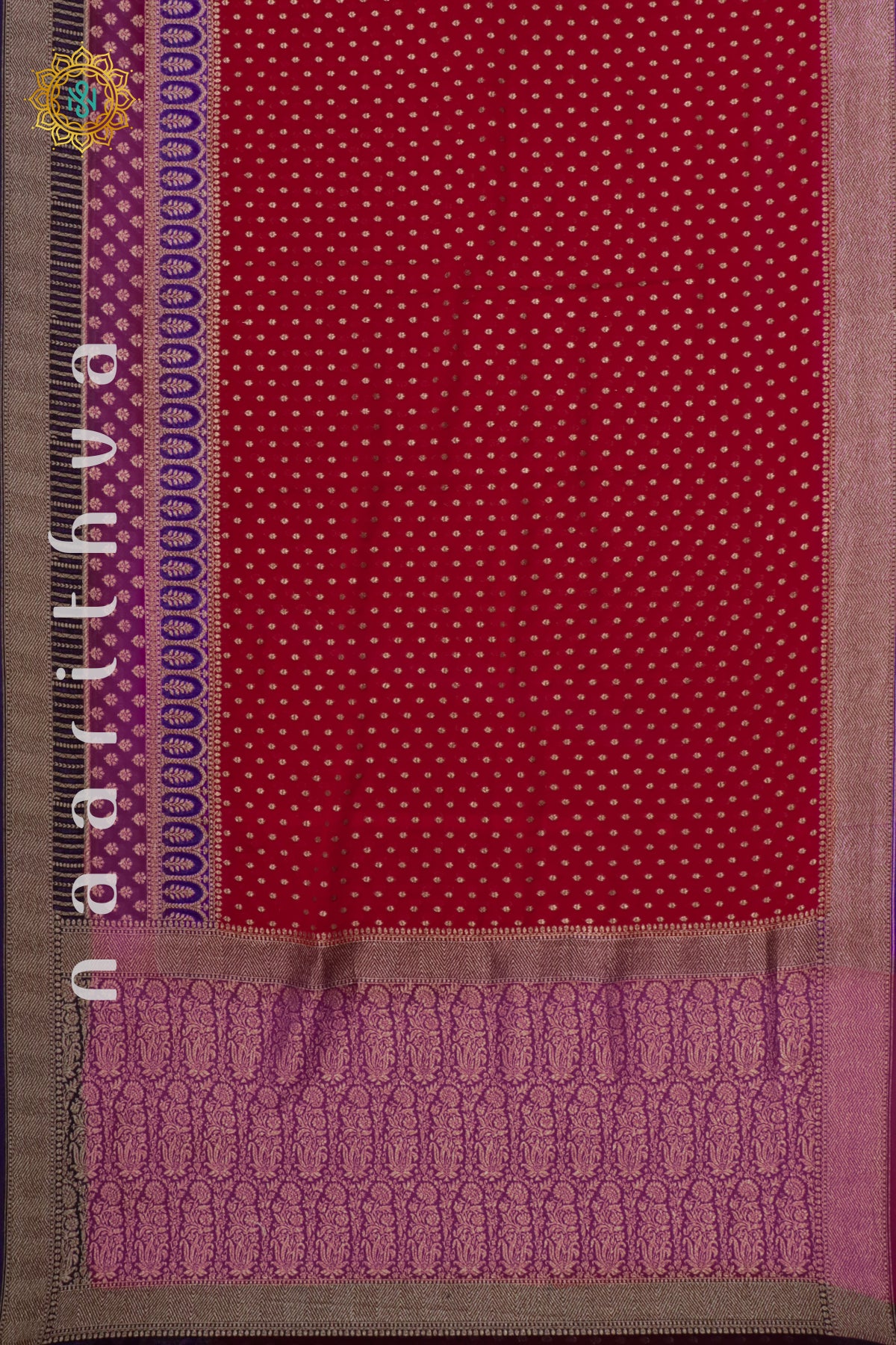 RED WITH PURPLE, PINK & NAVY BLUE - PURE HANDLOOM KHADDI GEORGETTE BANARAS