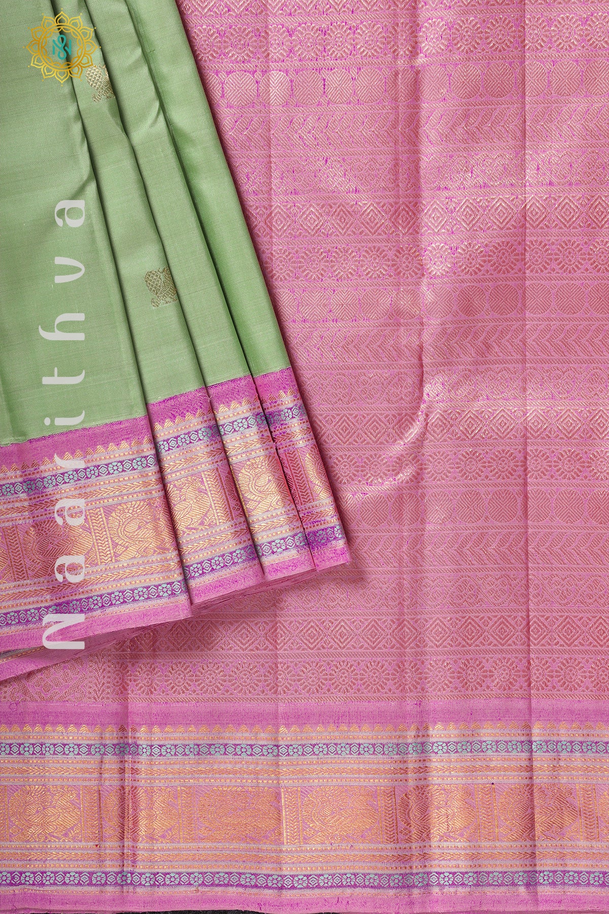 PISTA GREEN WITH PINK & BLUE - PURE KANJIVARAM SILK