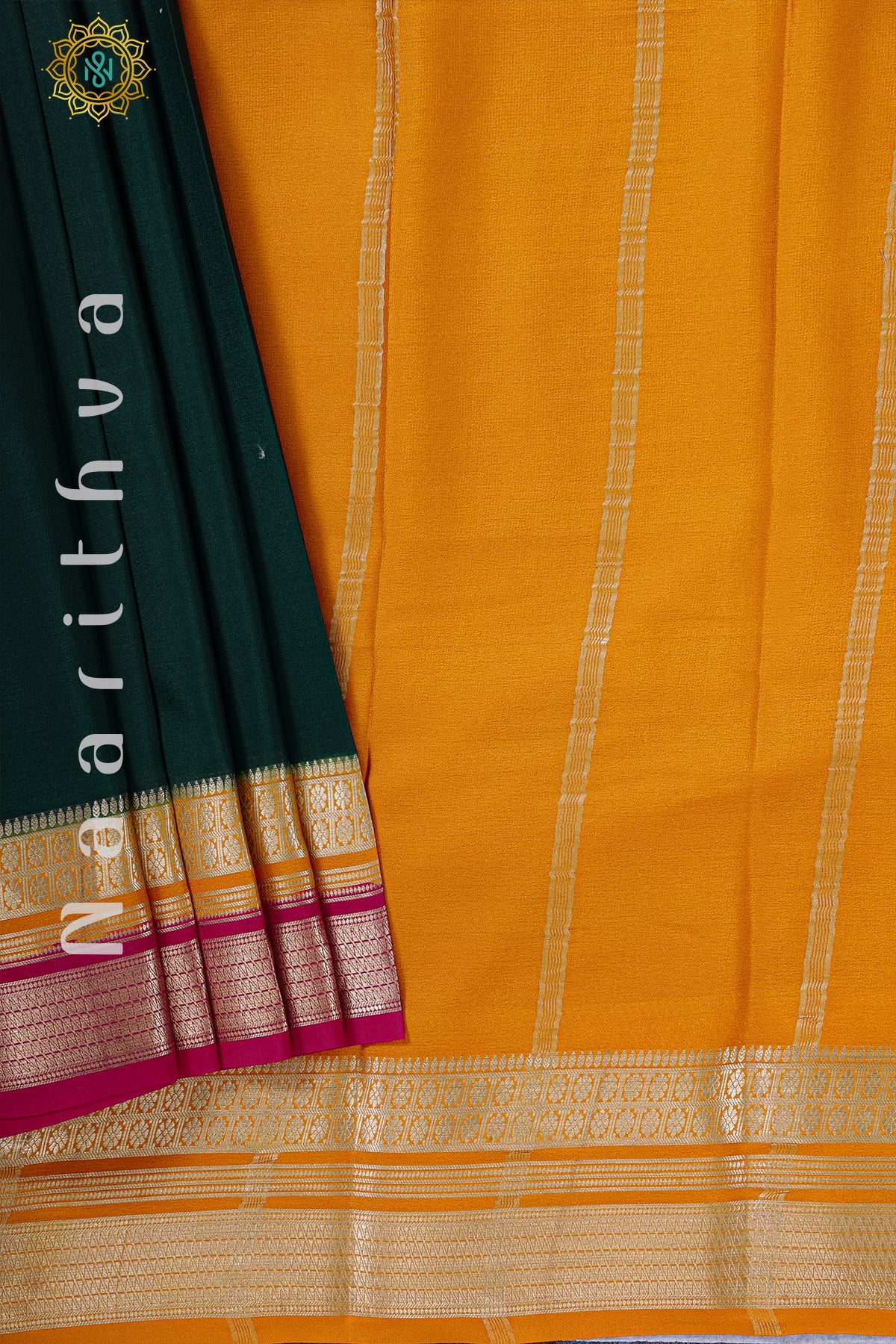 BOTTLE GREEN WITH MUSTARD & PINK - MYSORE CREPE SILK