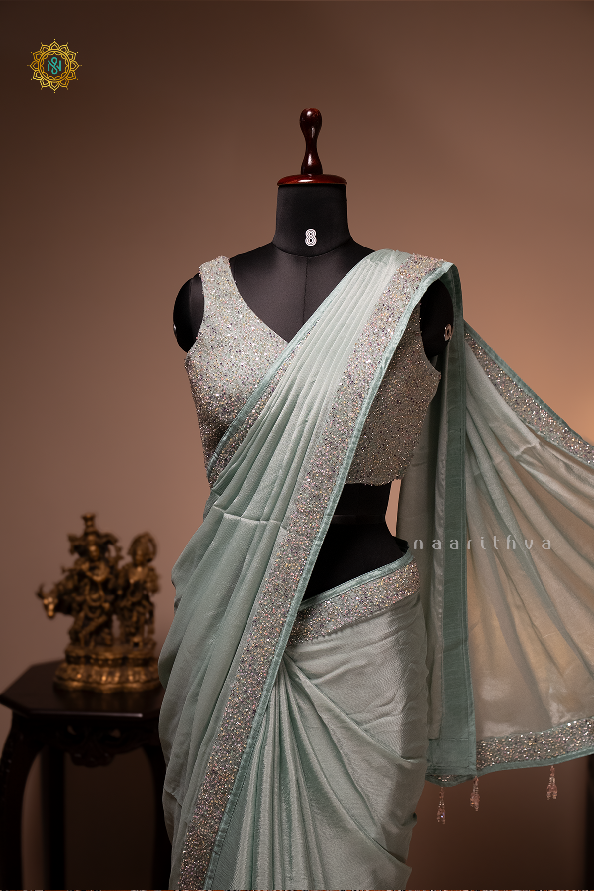 Light Blue Chinnon Designer Wear Saree with Readymade Blouse