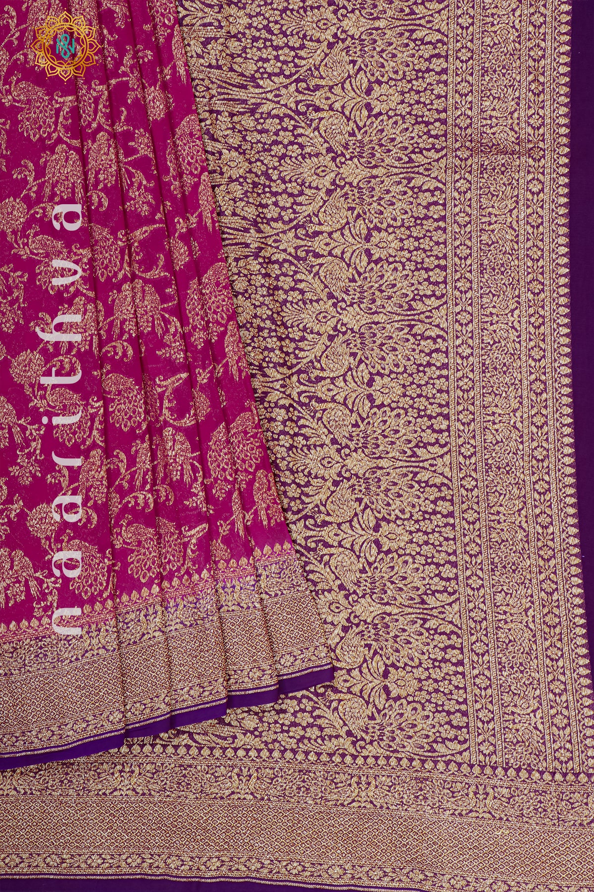 PINK WITH PURPLE - PURE HANDLOOM KHADDI GEORGETTE BANARAS