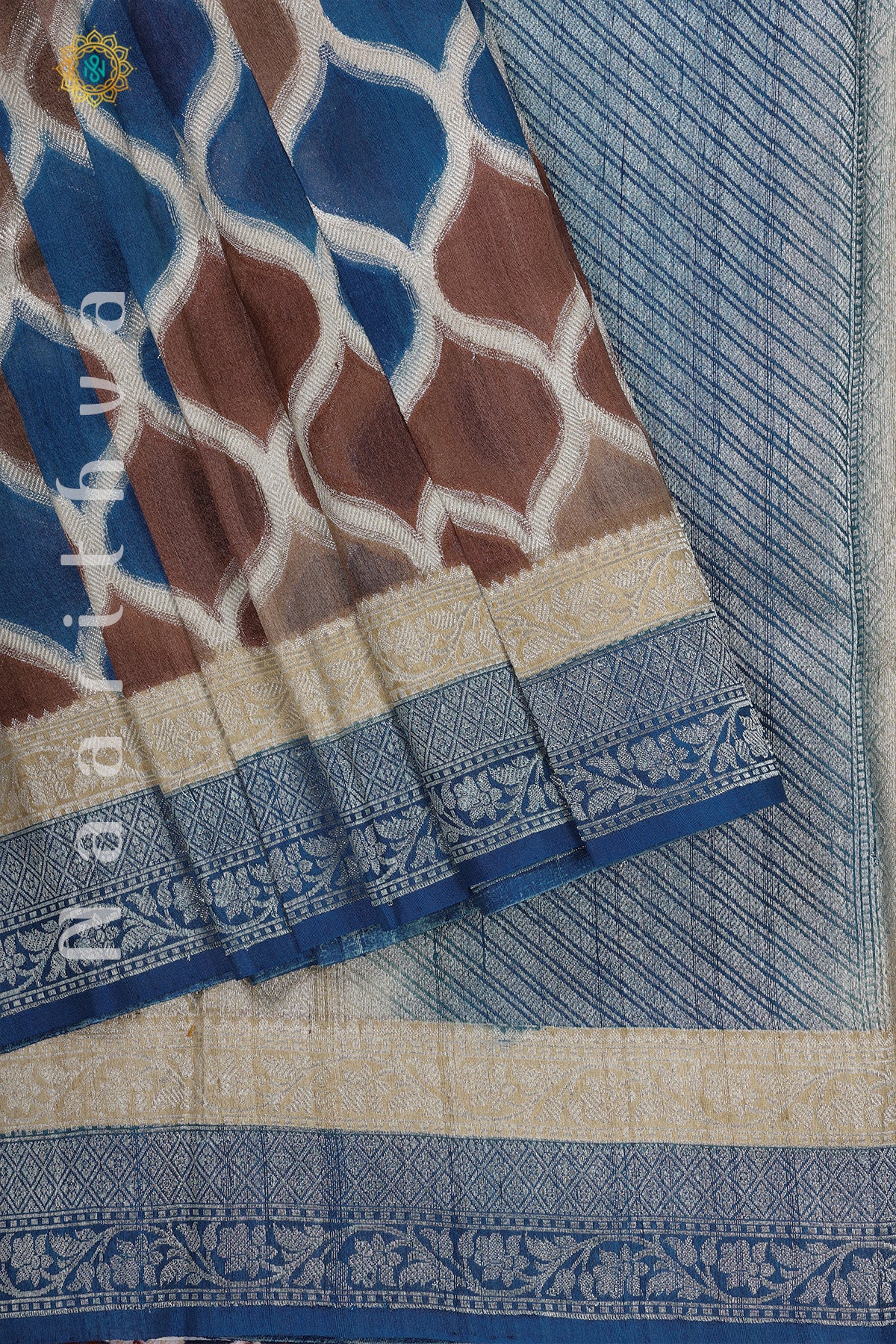 BROWN WITH BLUE - PURE TUSSAR SILK