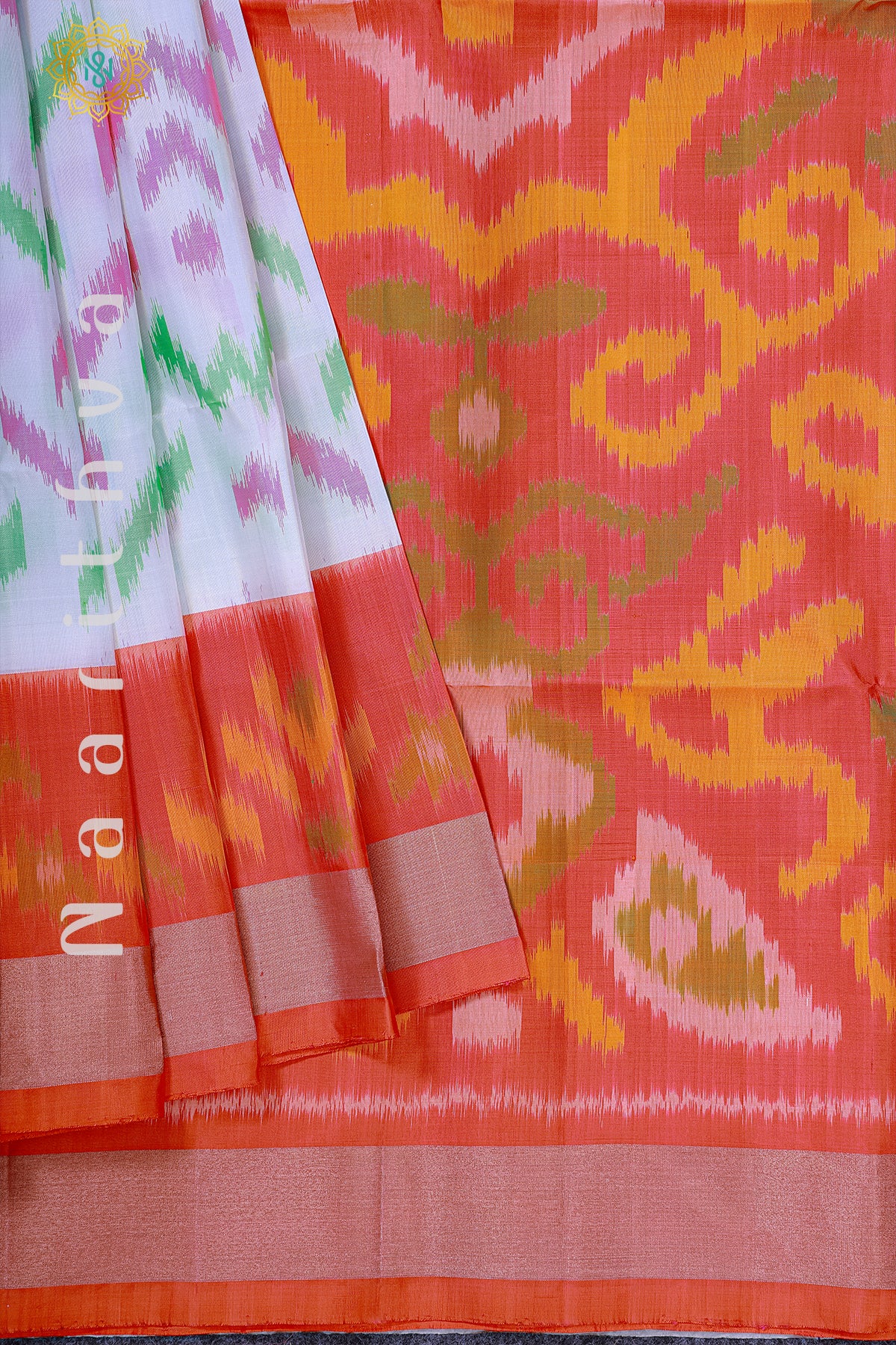 WHITE WITH ORANGE - PURE IKAT SOFT SILK