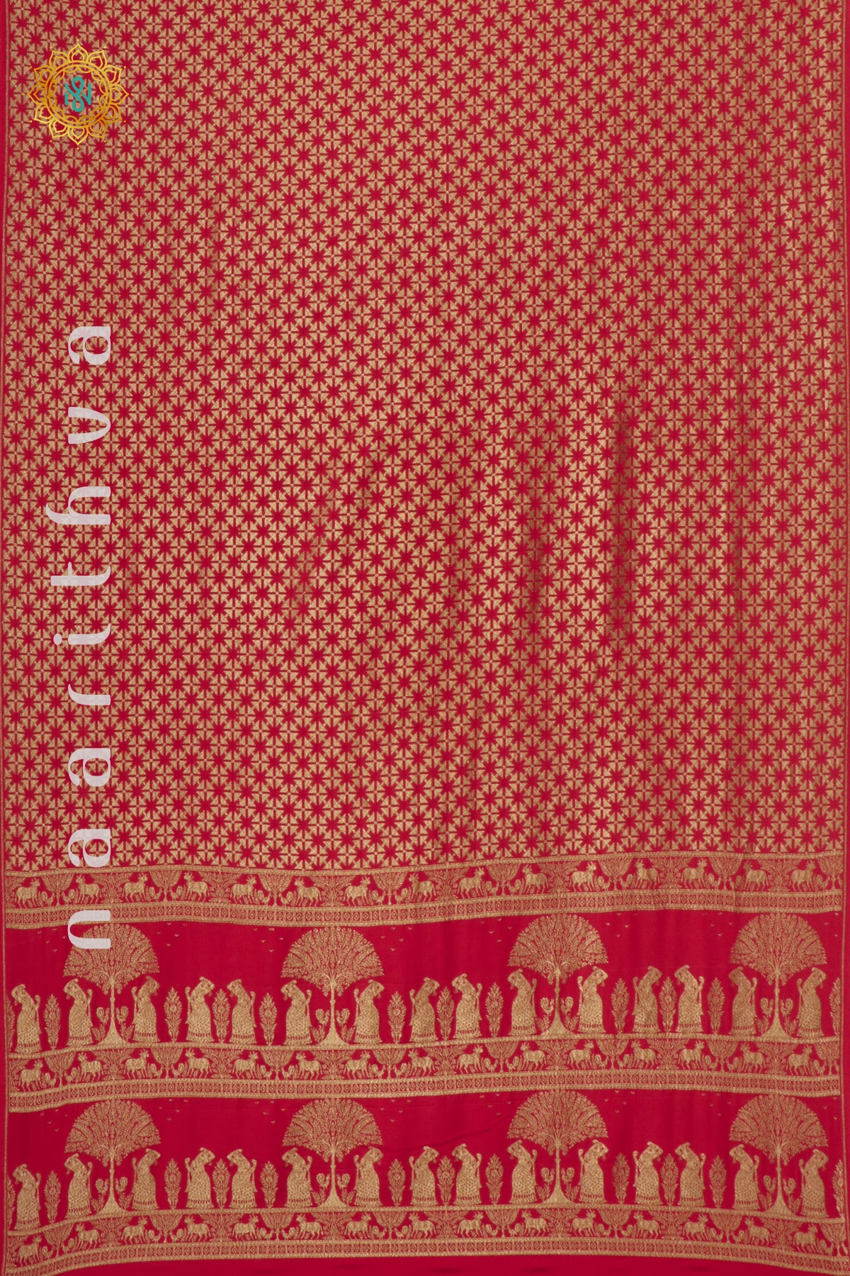 RED WITH GREEN - PURE BANARASI CREPE SILK