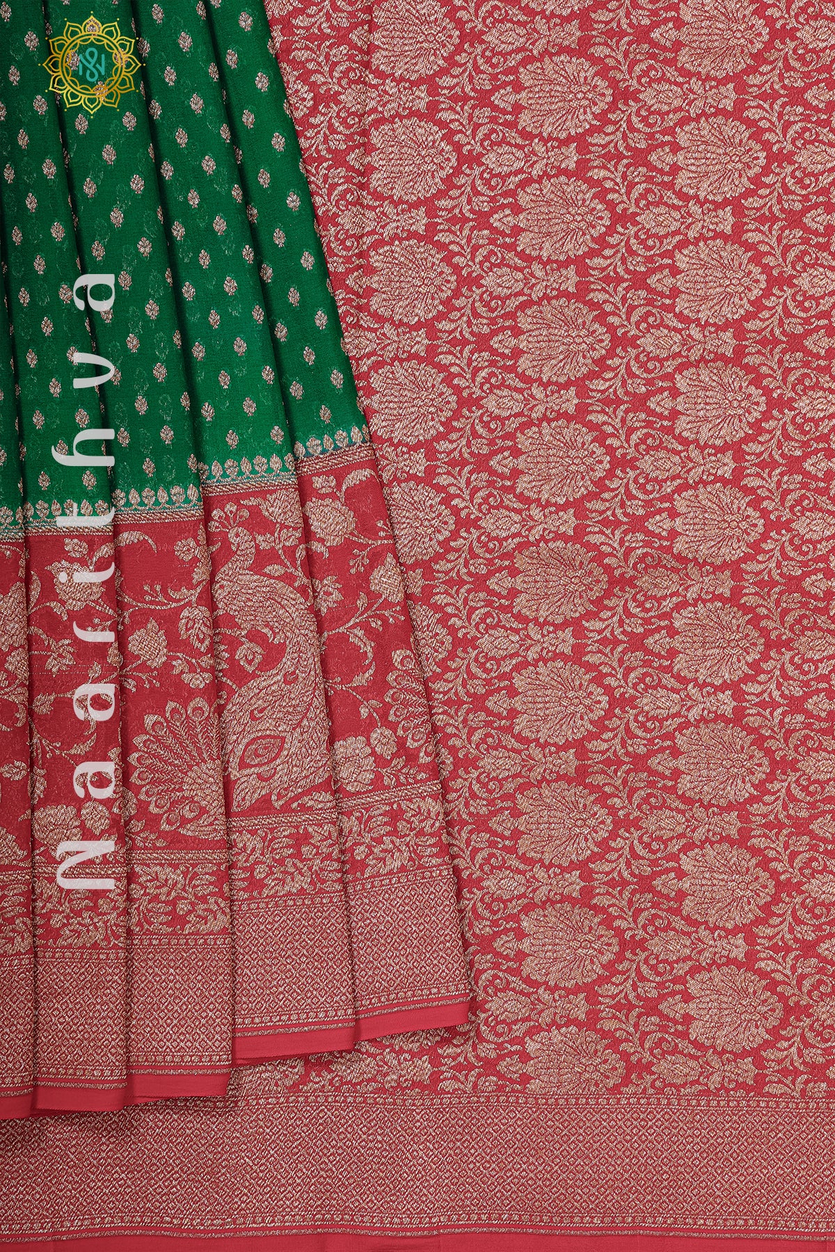 GREEN WITH RED - PURE HANDLOOM KHADDI GEORGETTE BANARAS