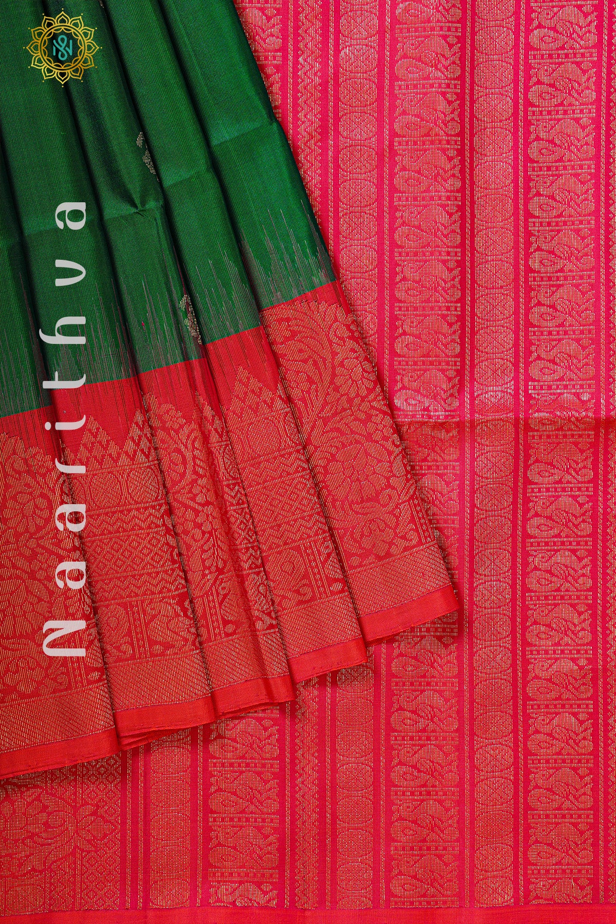 GREEN WITH ORANGISH PINK - PURE KANJIVARAM SOFT SILK