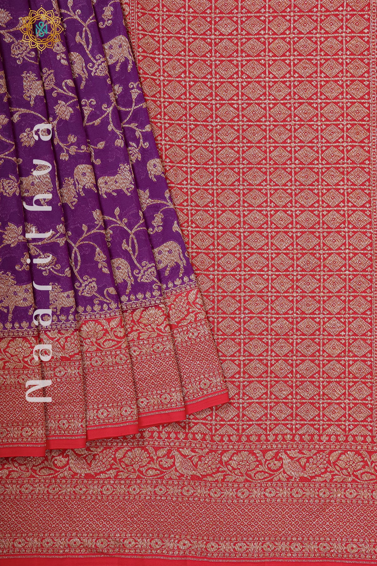 PURPLE WITH RED - PURE HANDLOOM KHADDI GEORGETTE BANARS