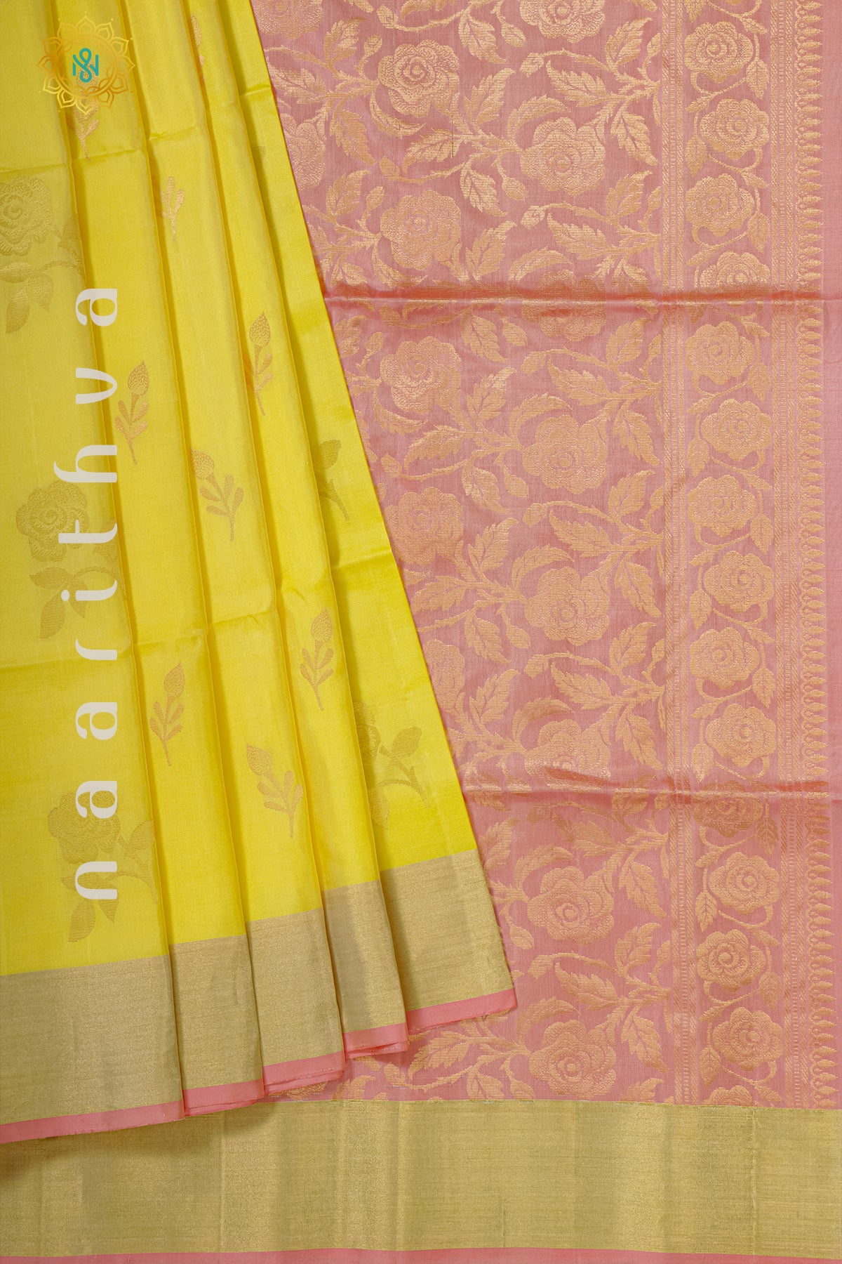 YELLOW WITH PEACHISH PINK - PURE KANJIVARAM SOFT SILK