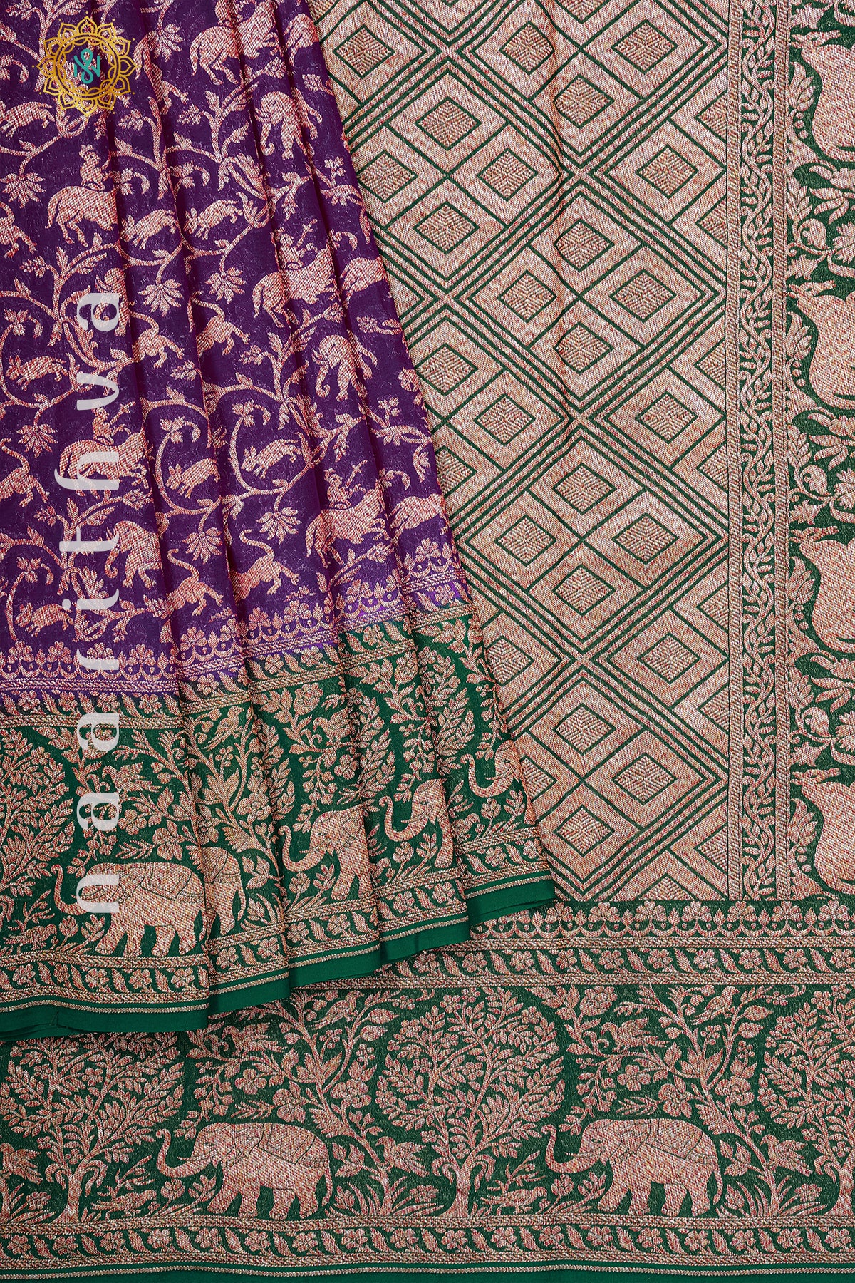 PURPLE WITH GREEN - PURE HANDLOOM KHADDI GEORGETTE BANARAS