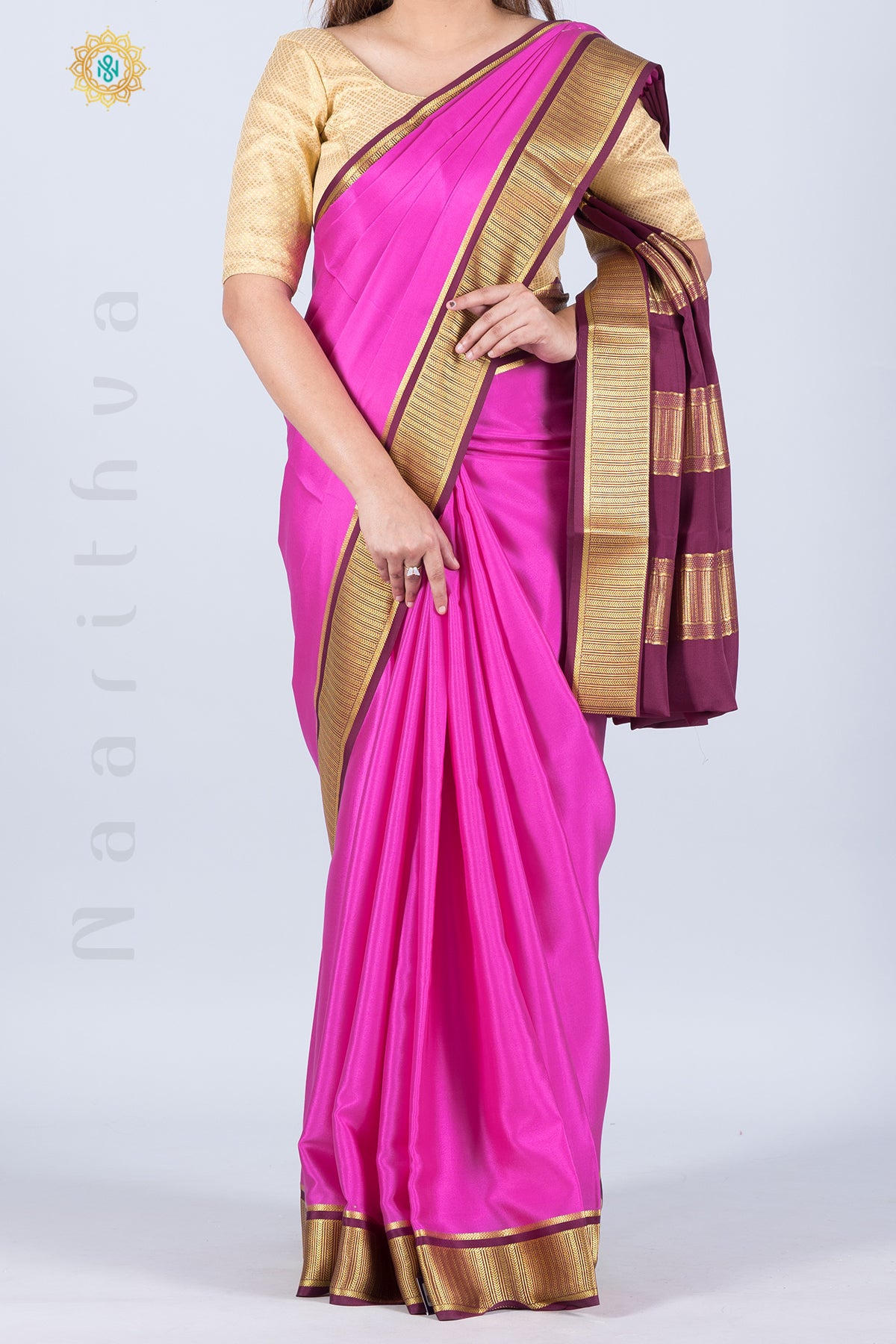 PINK & WINE - PURE MYSORE CREPE SILK WITH PLAIN BODY AND CONTRAST BORDER