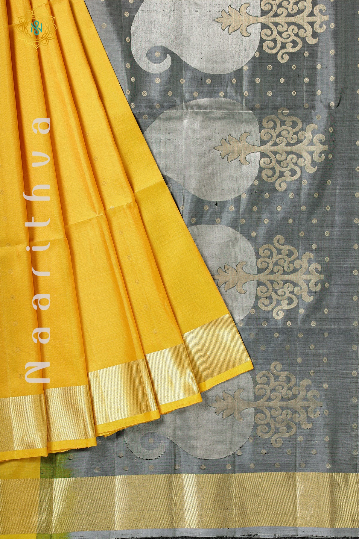 YELLOW WITH GREY - PURE KANJIVARAM SOFT SILK