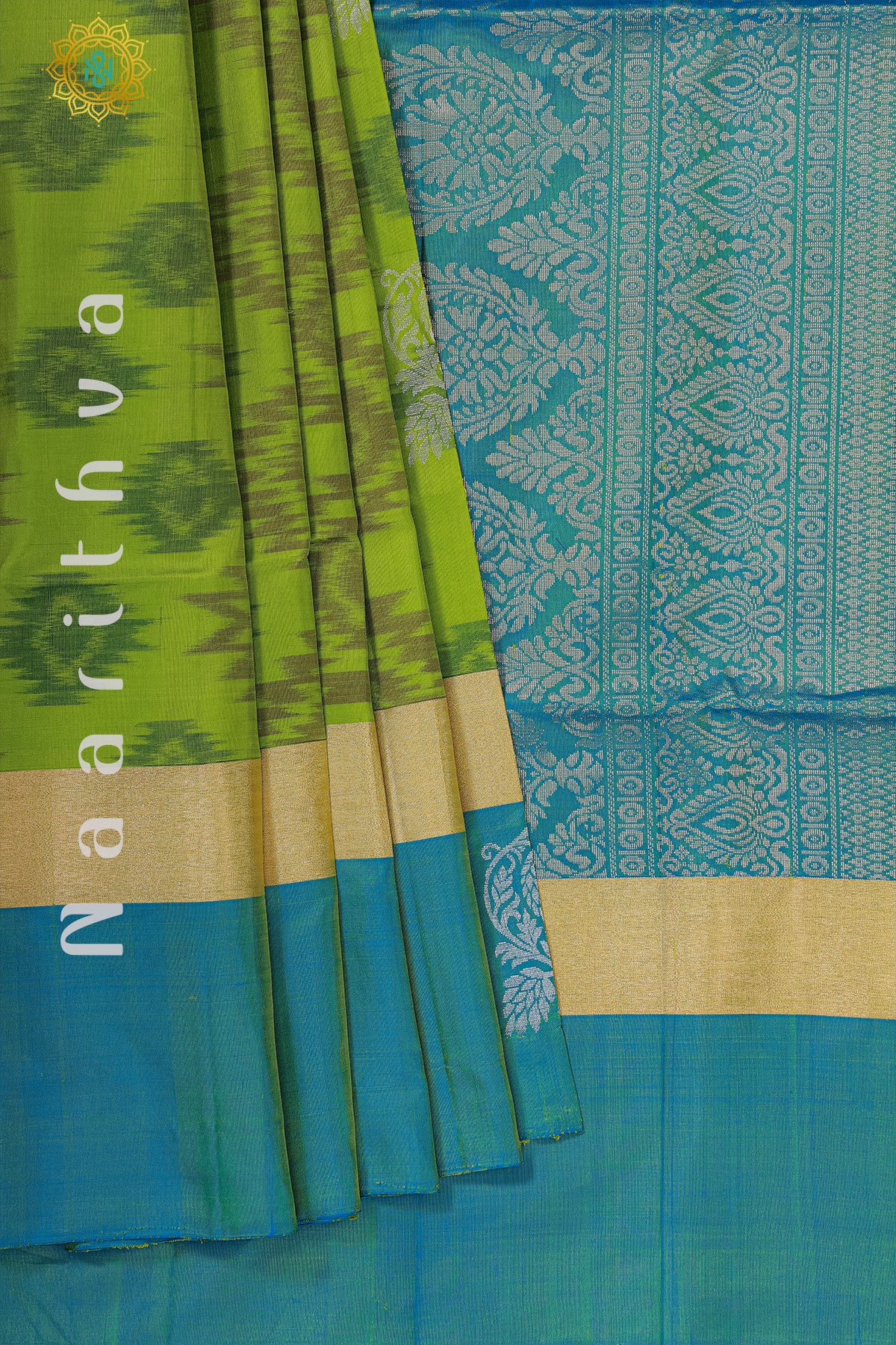 PARROT GREEN WITH BLUE - PURE IKAT SOFT SILK