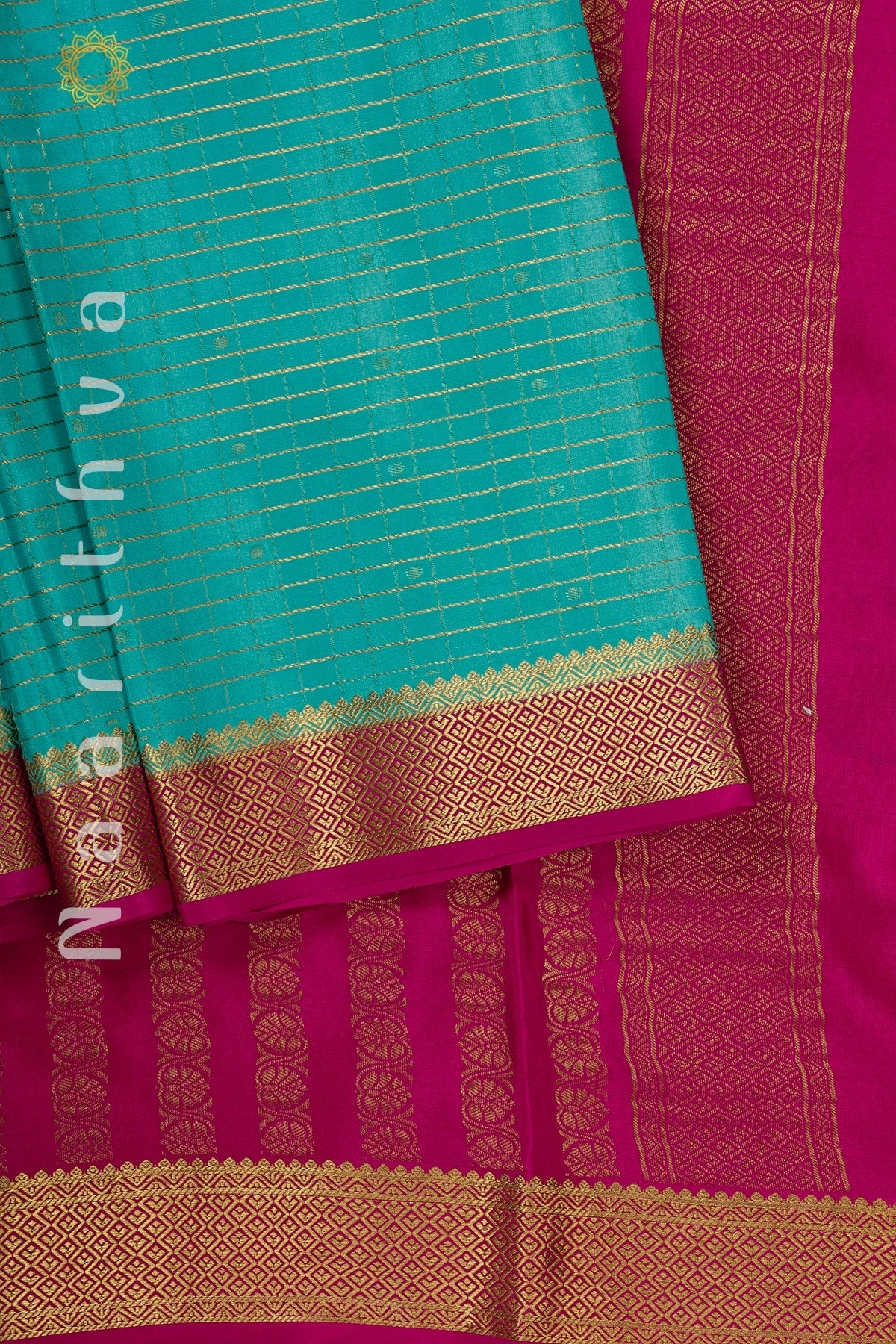 CYAN GREEN WITH PINK - PURE MYSORE CREPE SILK