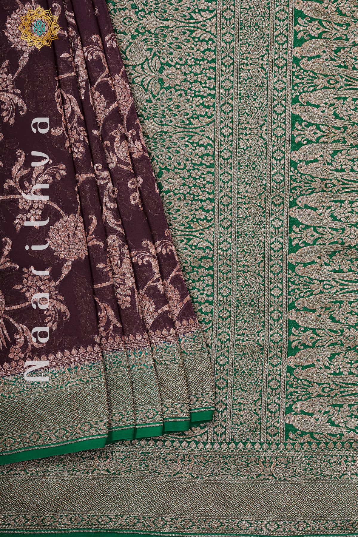 WINE WITH GREEN - PURE HANDLOOM KHADDI GEORGETTE BANARAS