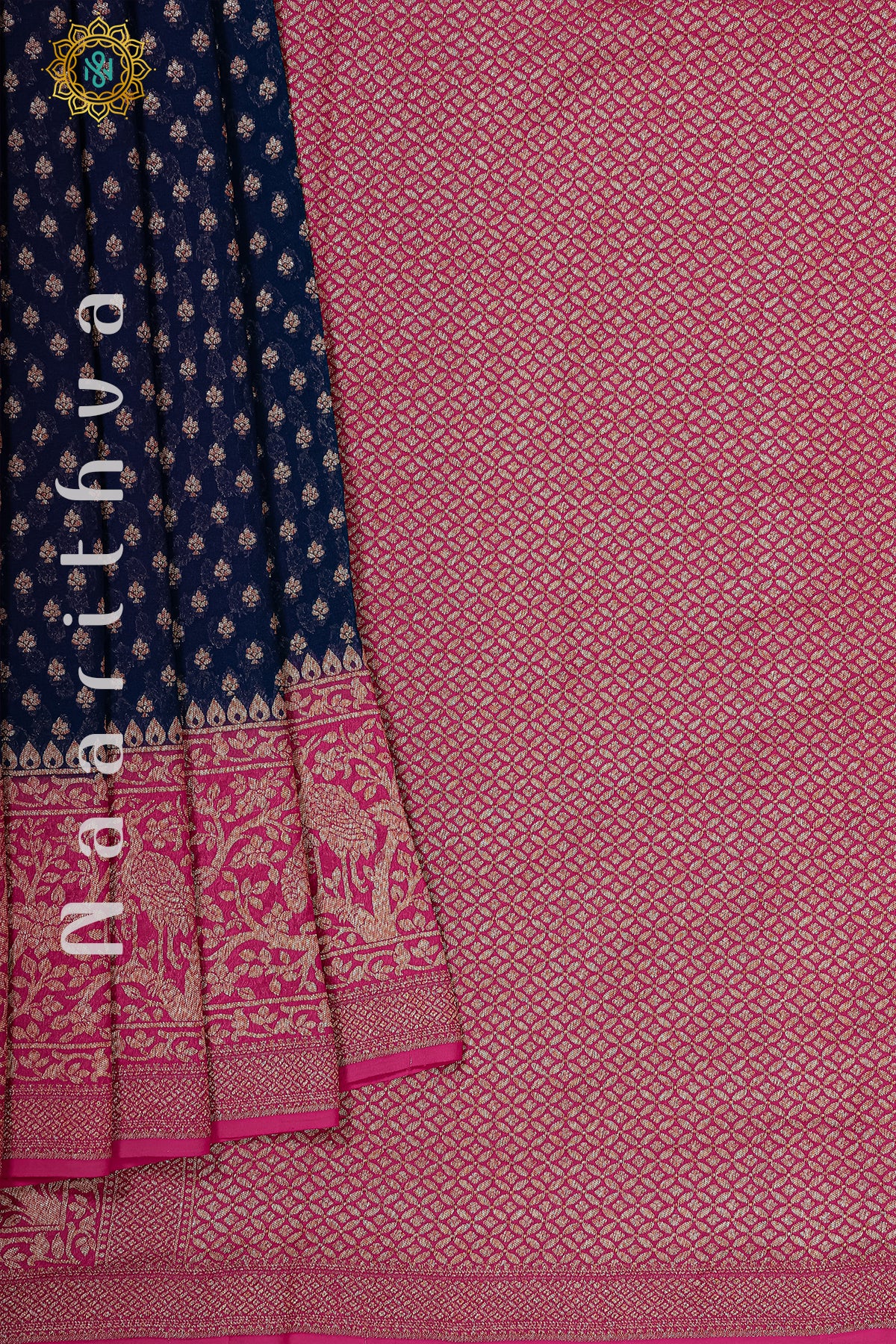 NAVY BLUE WITH PINK - PURE HANDLOOM KHADDI GEORGETTE BANARAS