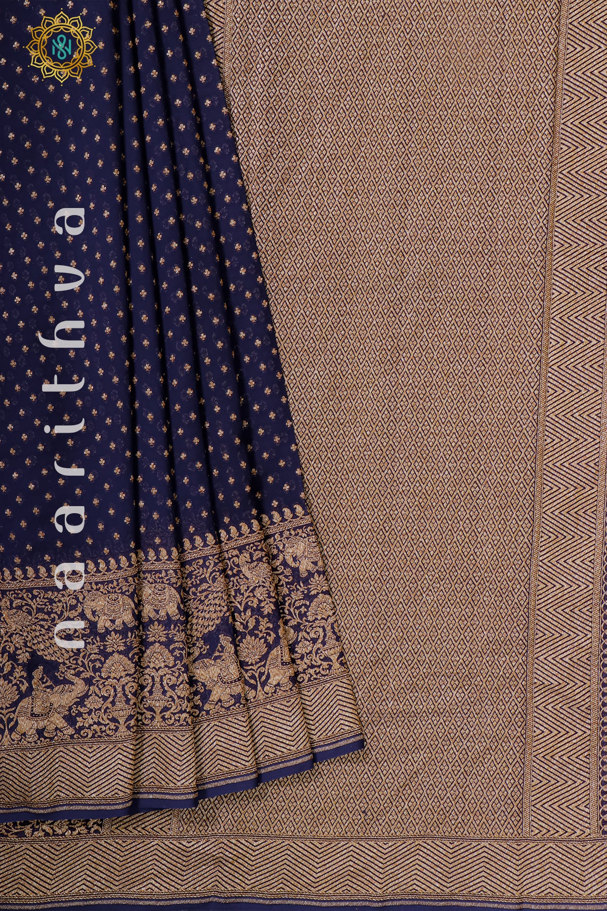 NAVY BLUE WITH PINK - PURE HANDLOOM KHADDI GEORGETTE BANARAS