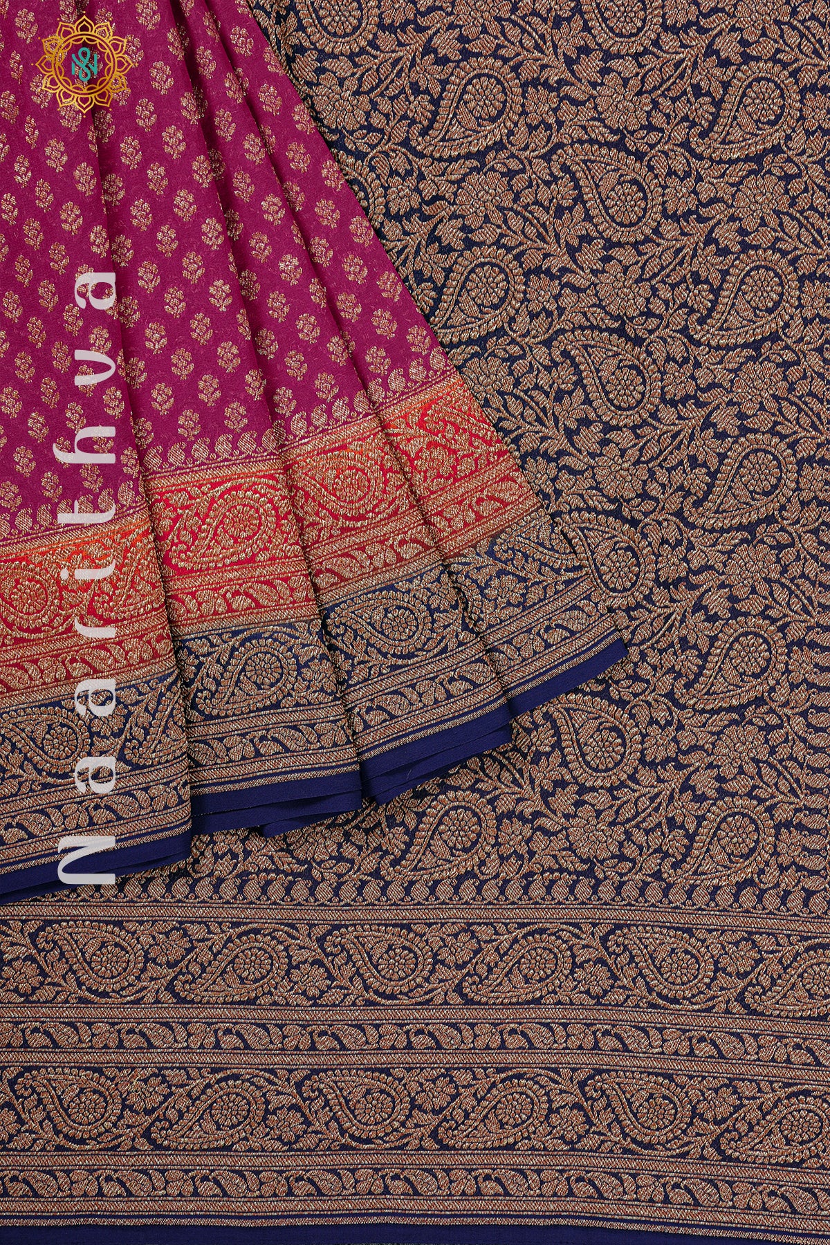 PINK WITH ORANGE & BLUE - PURE HANDLOOM KHADDI GEORGETTE BANARAS