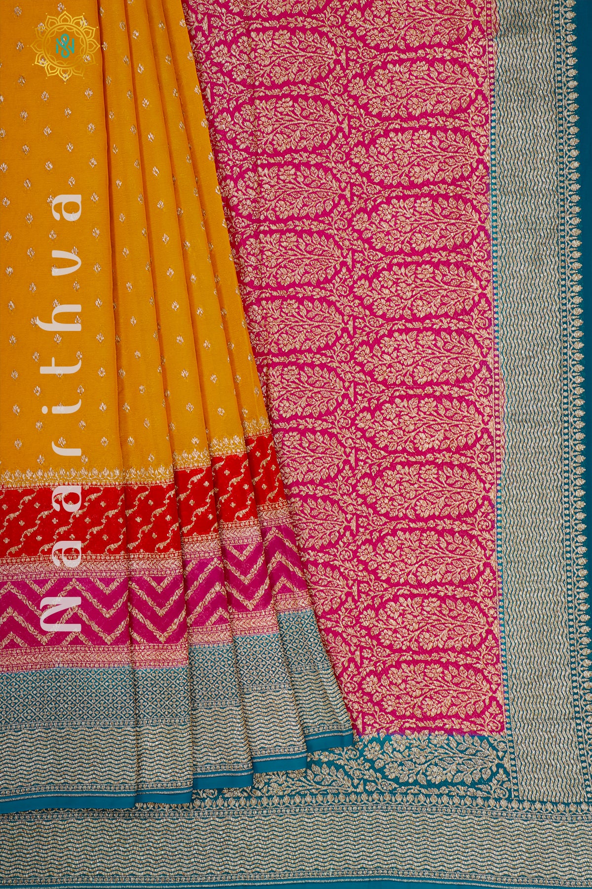 YELLOW WITH RED, PINK & SKY BLUE - PURE HANDLOOM KHADDI GEORGETTE