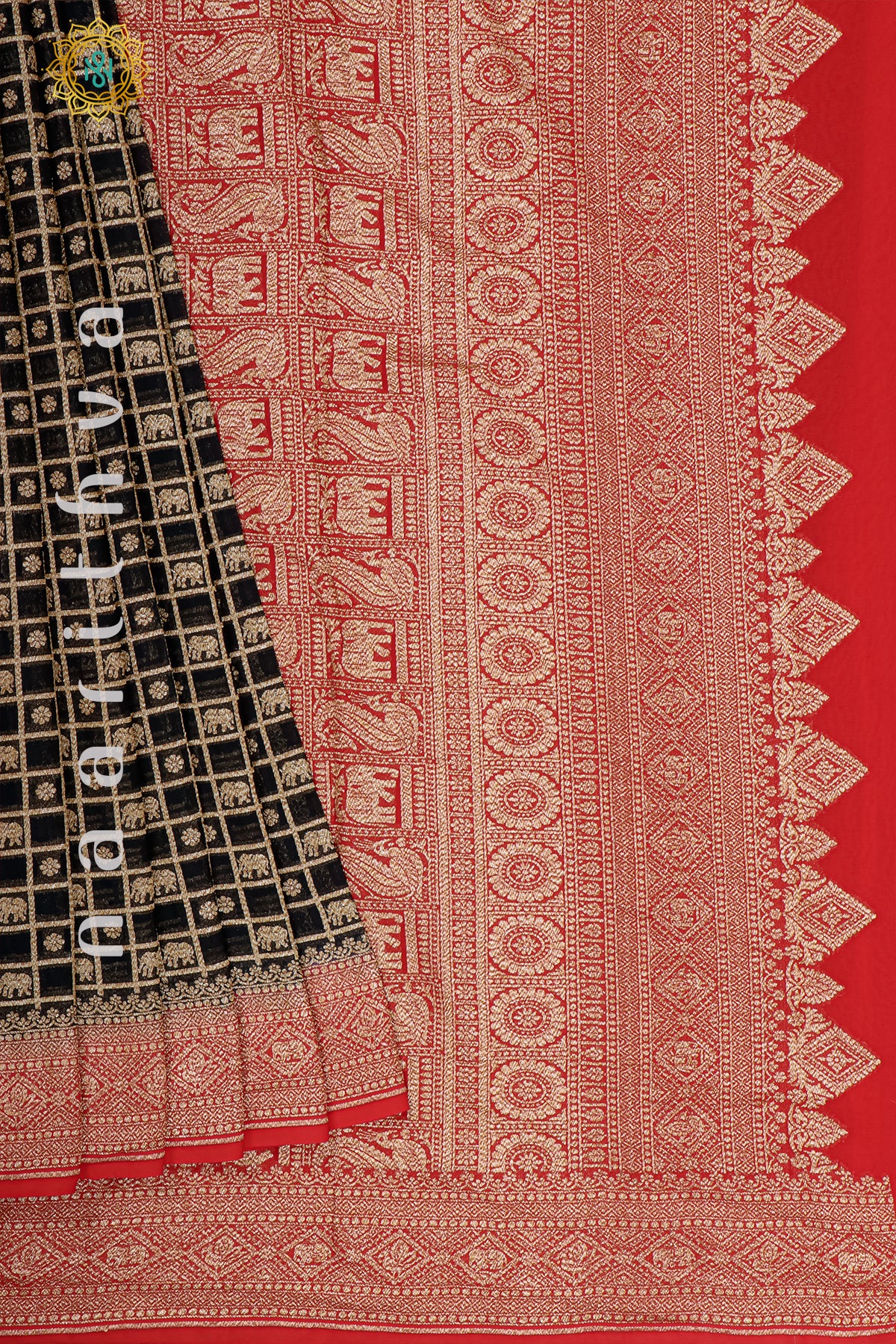 BLACK WITH RED - PURE HANDLOOM KHADDI GEORGETTE BANARAS