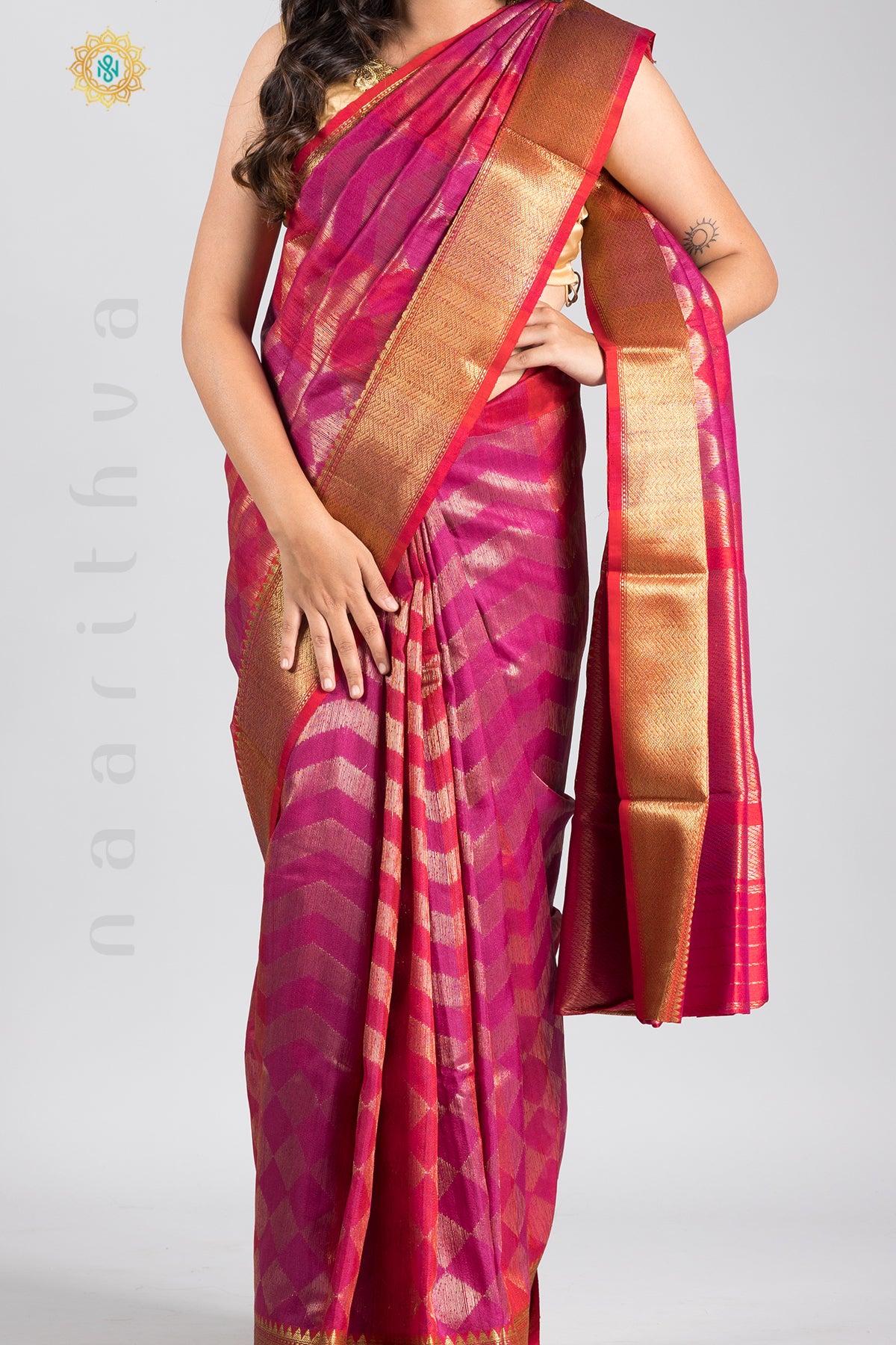 PINK WITH RED - PURE TUSSAR SILK WITH ZARI WOVEN BODY & CONTRAST PALLU & BLOUSE