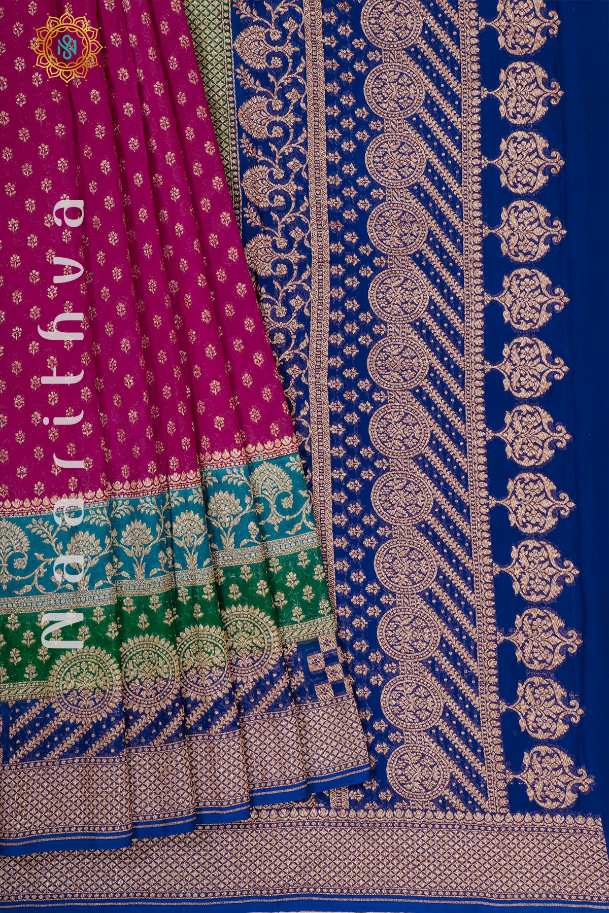 PINK WITH SKY BLUE, GREEN & BLUE - PURE HANDLOOM KHADDI GEORGETTE BANARAS