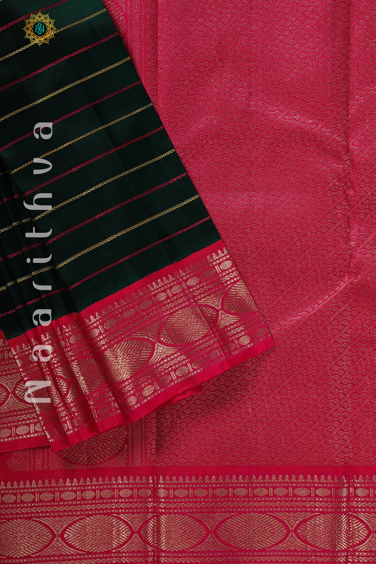 BOTTLE GREEN WITH PINK & YELLOW - PURE KANJIVARAM SILK