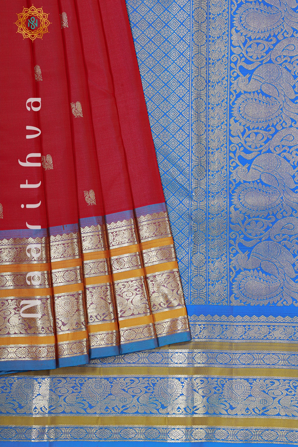DUAL SHADE OF RED WITH MUSTARD & BLUE - PURE KANJIVARAM SILK