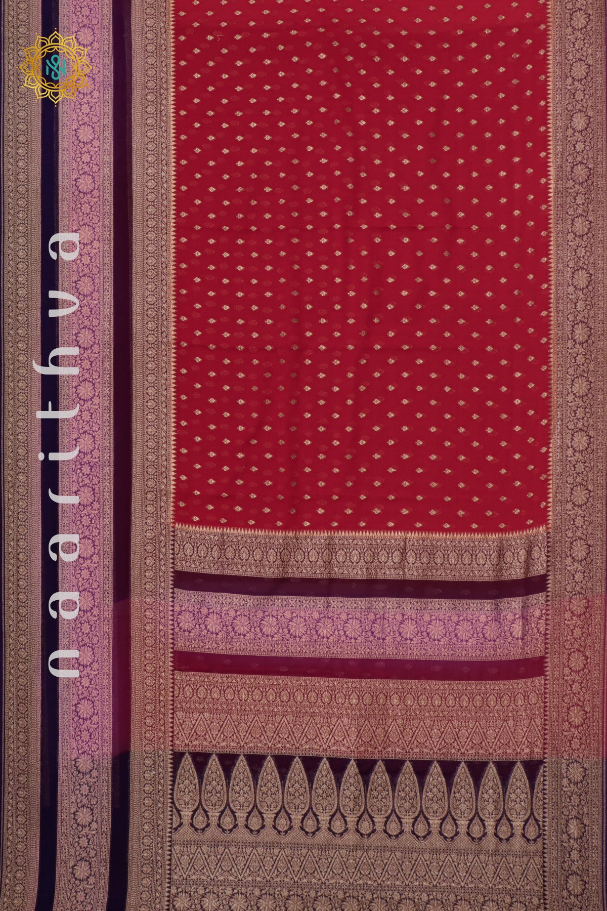 RED WITH PURPLE, PINK & NAVY BLUE - PURE HANDLOOM KHADDI GEORGETTE BANARAS