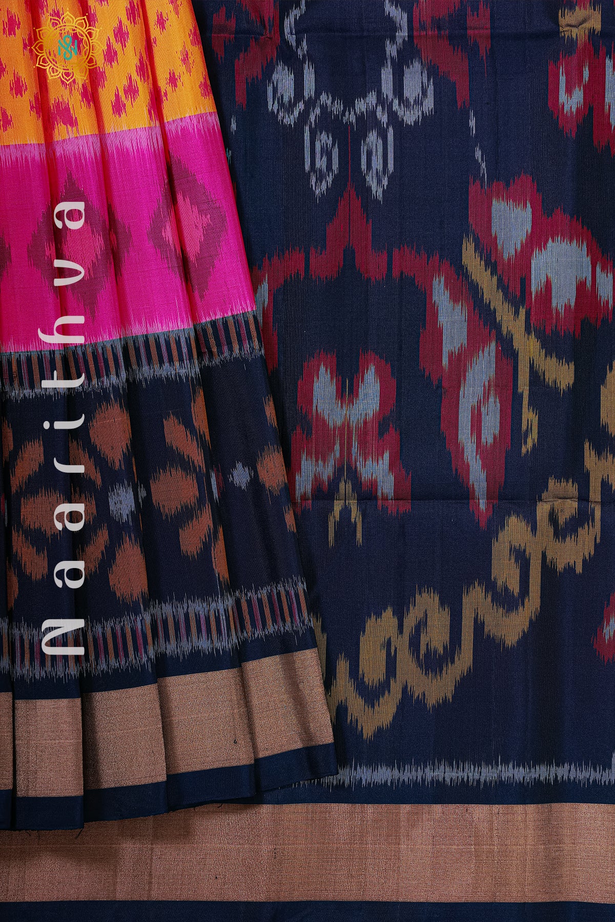 YELLOW WITH PINK & BLACK - PURE IKAT SOFT SILK