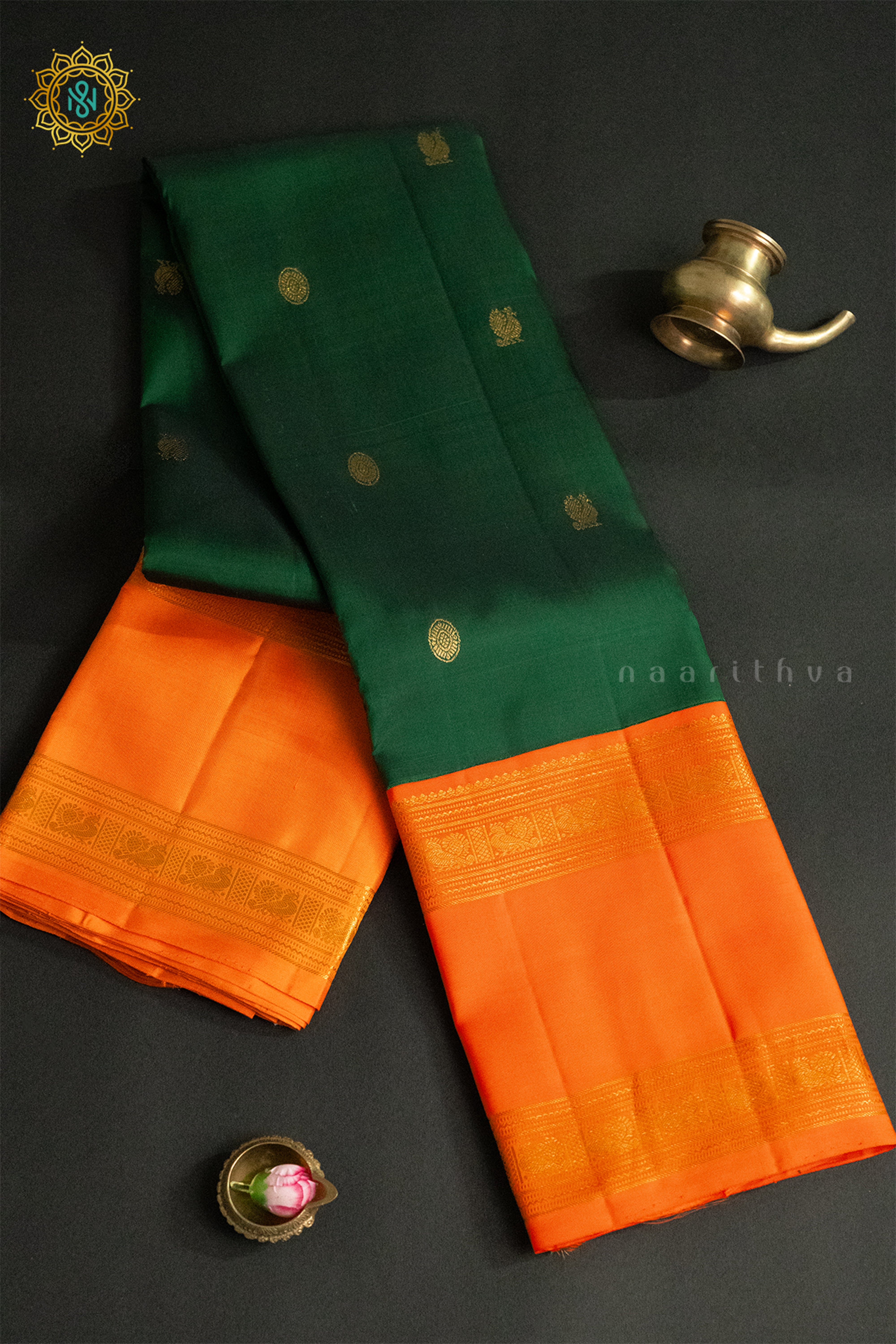 BOTTLE GREEN WITH ORANGE - PURE KANJIVARAM SILK