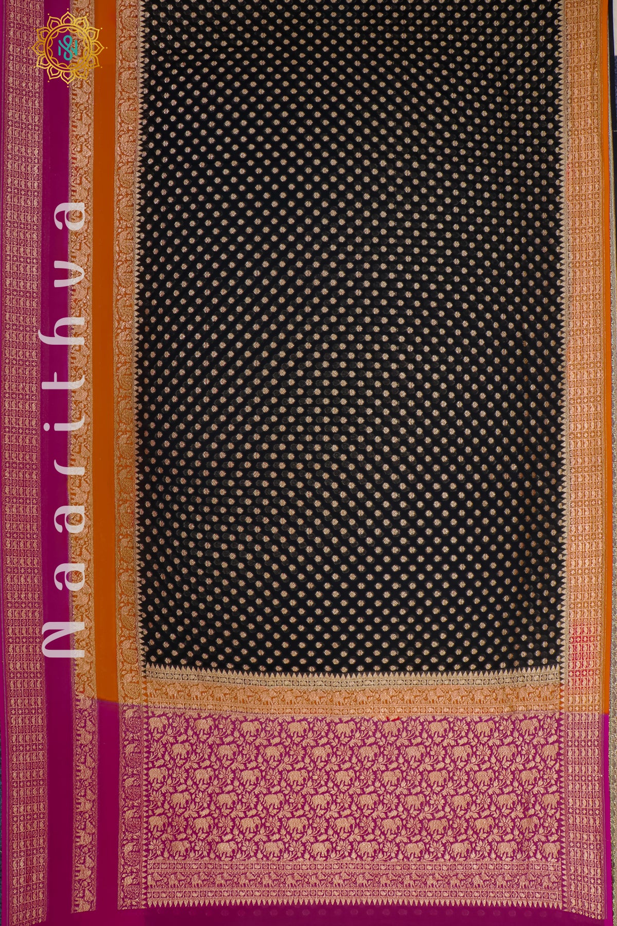 BLACK WITH ORANGE & PINK - PURE HANDLOOM KHADDI GEORGETTE BANARAS