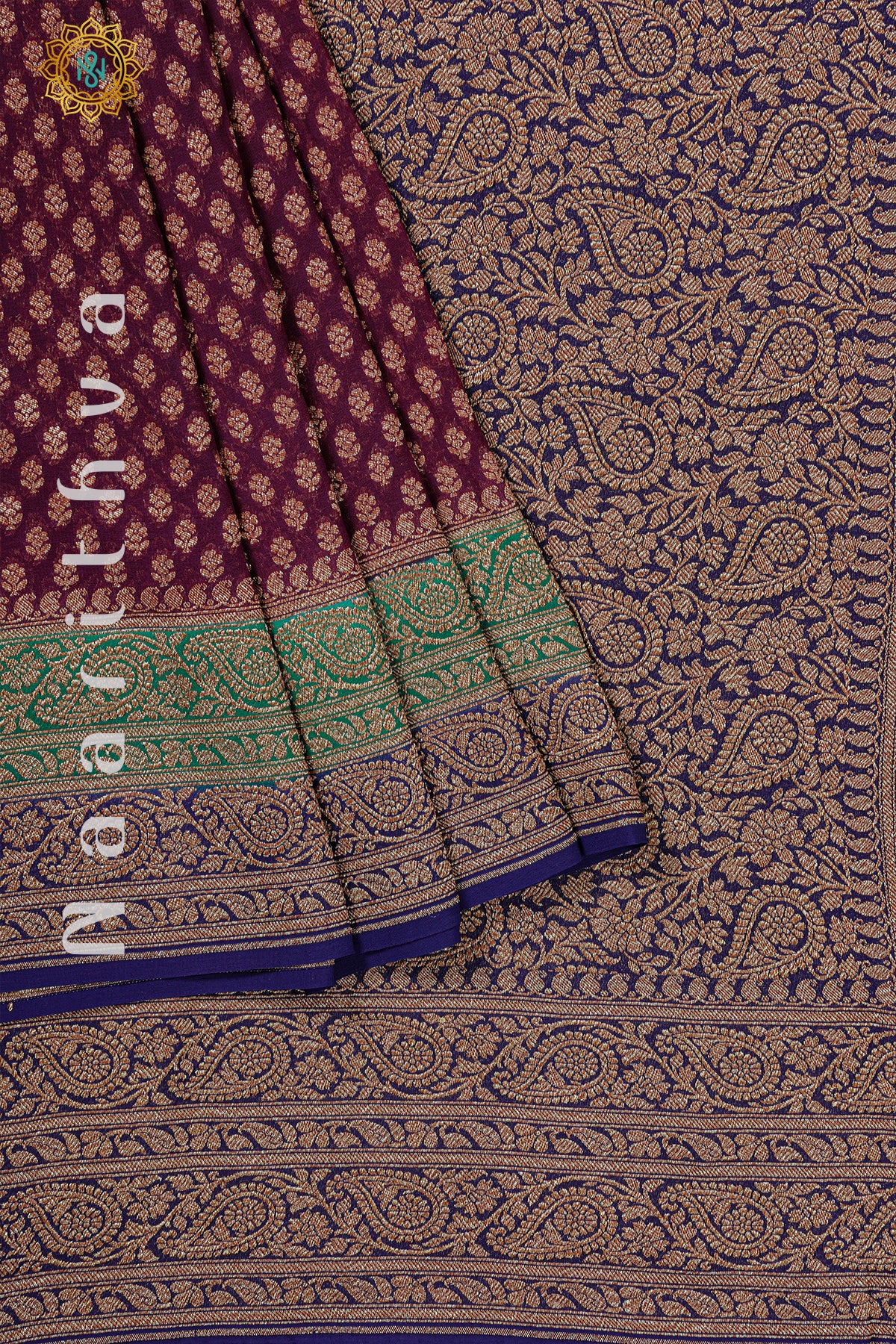 WINE WITH GREEN & BLUE - PURE HANDLOOM KHADDI GEORGETTE BANARAS