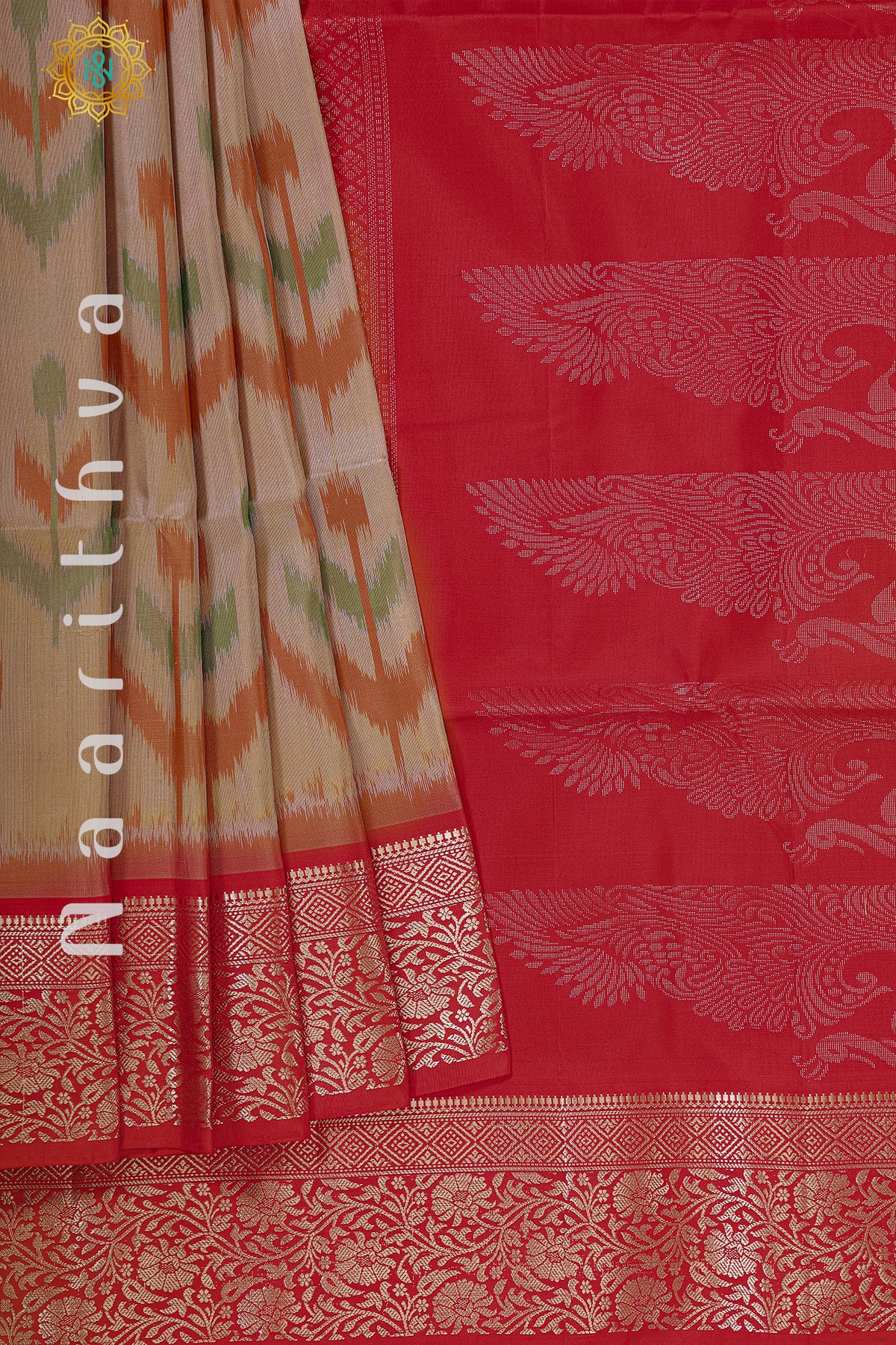 BEIGE WITH RED - PURE IKAT SOFT SILK