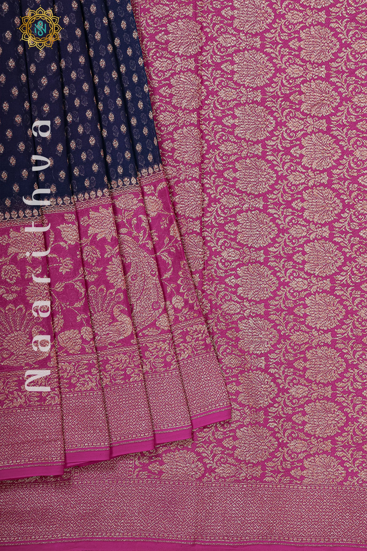 NAVY BLUE WITH PINK - PURE HANDLOOM KHADDI GEORGETTE BANARAS