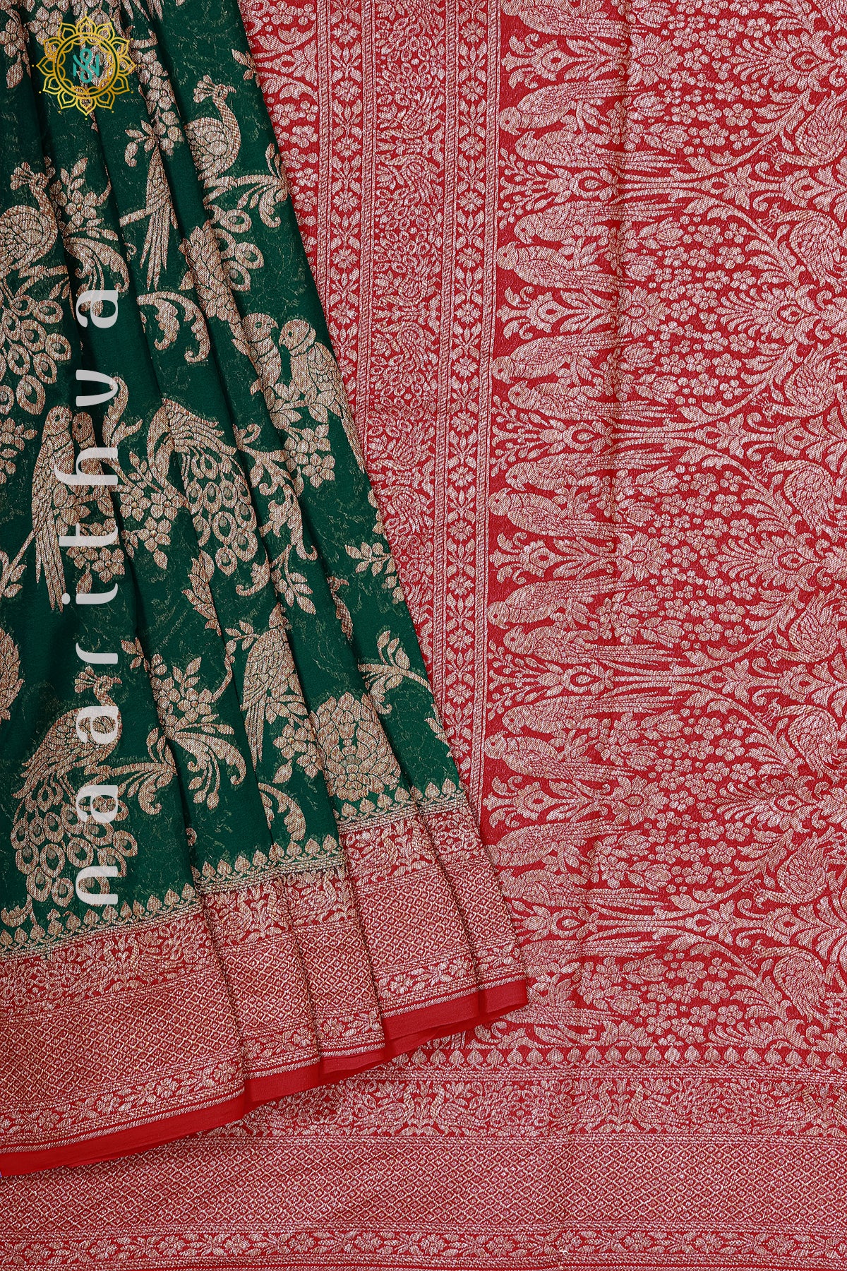 GREEN WITH RED - PURE HANDLOOM KHADDI GEORGETTE BANARAS